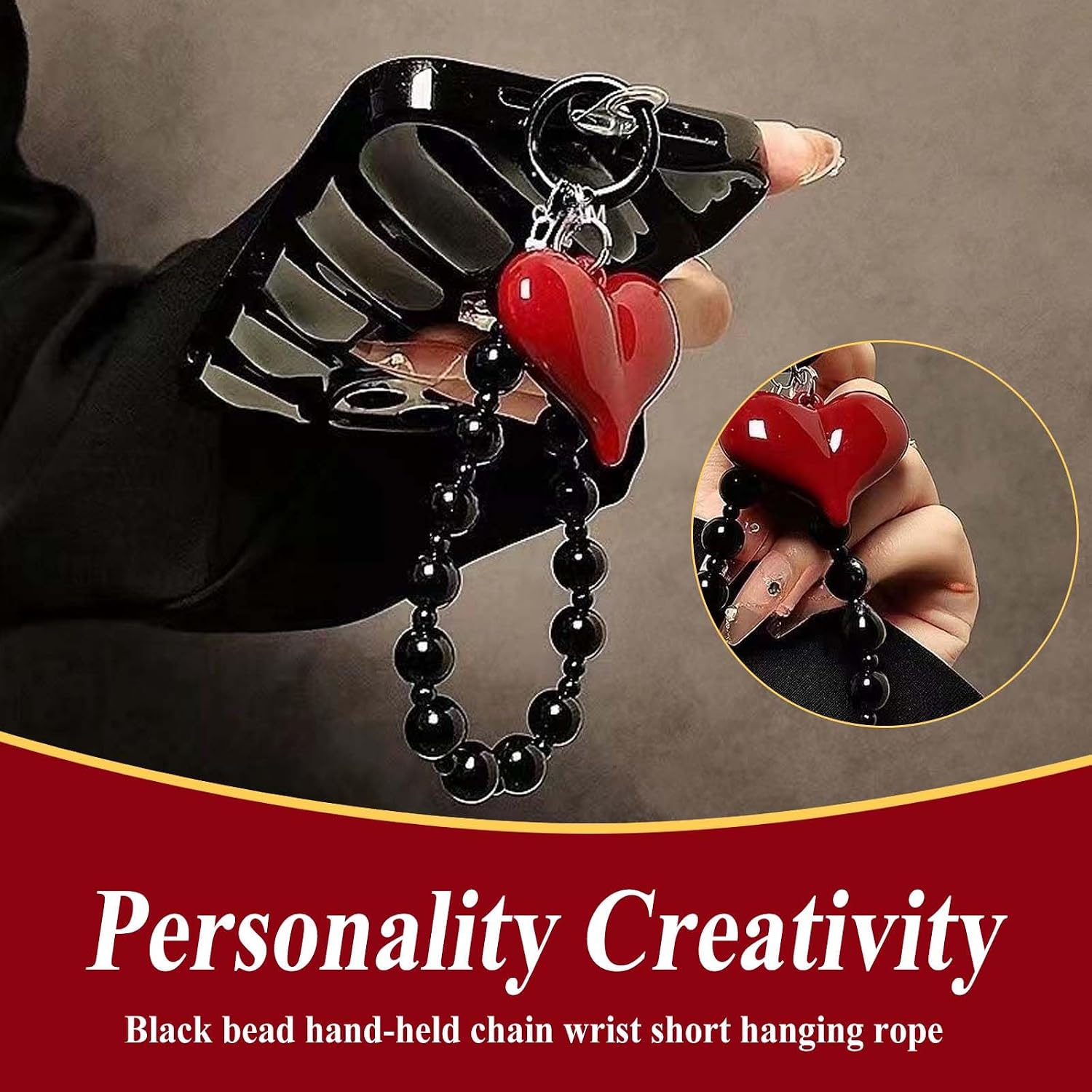 Red Heart Phone Charms Strap Black Beaded Phone Wrist Strap Cute Keychain Wristlet Cellphone Lanyard Beaded Camera Wrist Strap Lanyard for Keys Wristlet Keychain Lanyard Women Bag Charms for Handbags