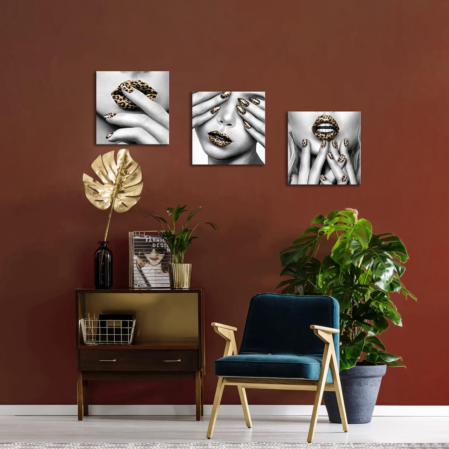 HOMEOART Make Up Room Decor Fashion Leopard Print Lips and Nails Wall Art Prints on Canvas Framed Bathroom Wall Decor 12 x 12 Inch x 3 Panels