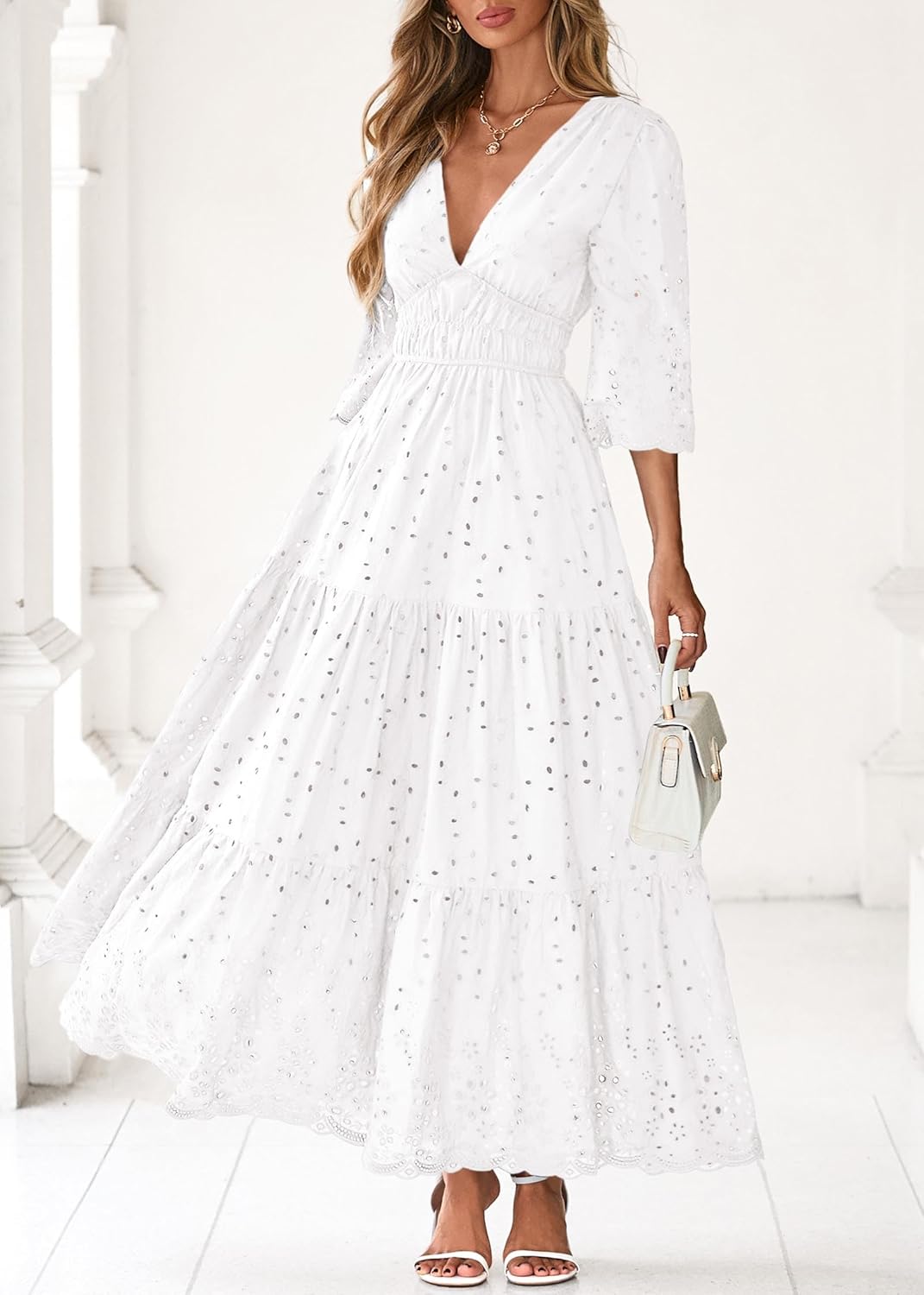 Lazysmile Long Sleeve Dresses For Women V Neck Hollow Out Eyelet Ruffle Swing A-Line Fall Vacation Boho Maxi Dress - Image 5