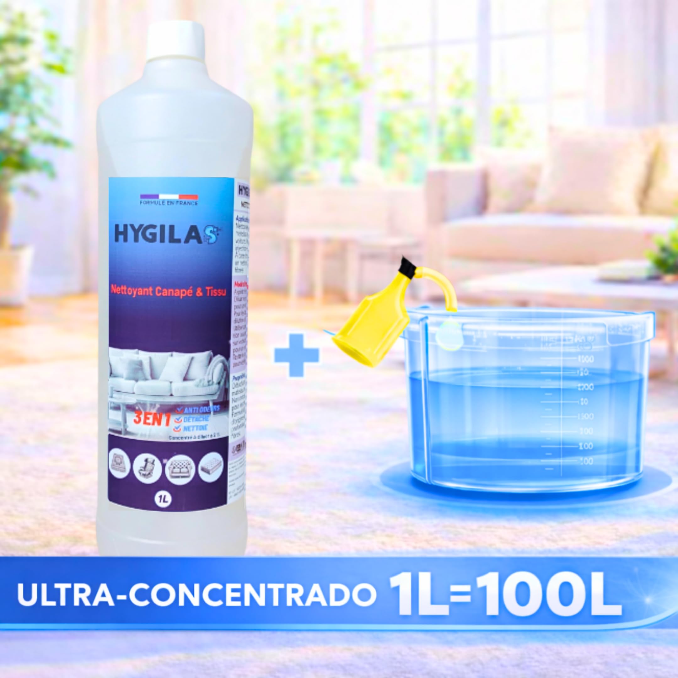 HYGILAS Limpiador de Sofás y Tejidos Profesional 1L - Concentrado para Diluir - Compatible con Inyección/Extracción y Máquinas de Limpieza - Colchones, Alfombras, Moquetas y Tapicería