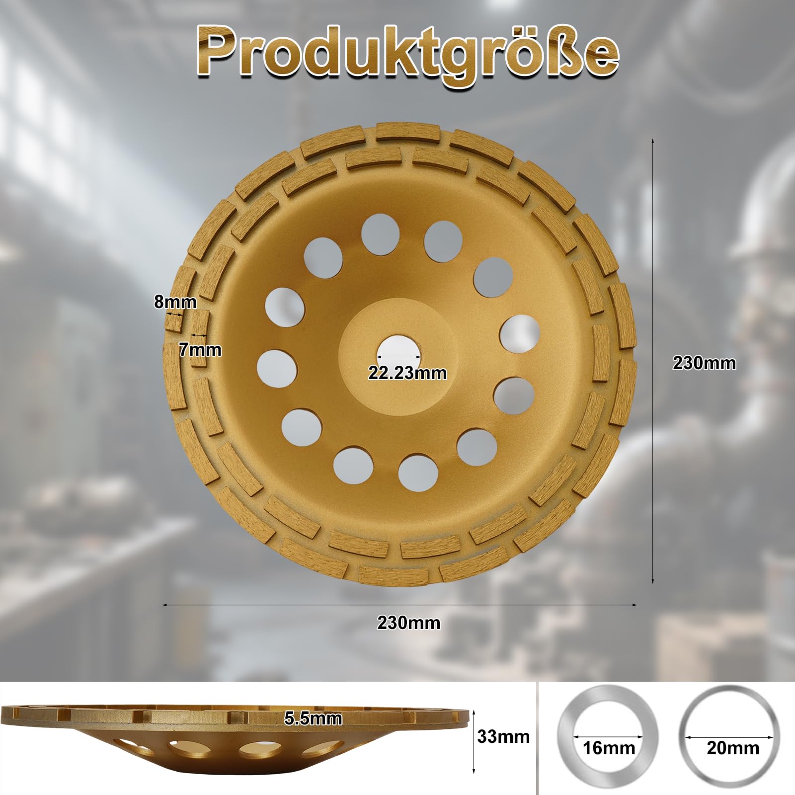 uyoyous Schleifscheibe 230mm x 22,23mm, 5.5mm Dick Doppelreihige Topfschleifer, Extra Speed Schleiftopf für Beton, Naturstein, Fliesenkleber und Granit