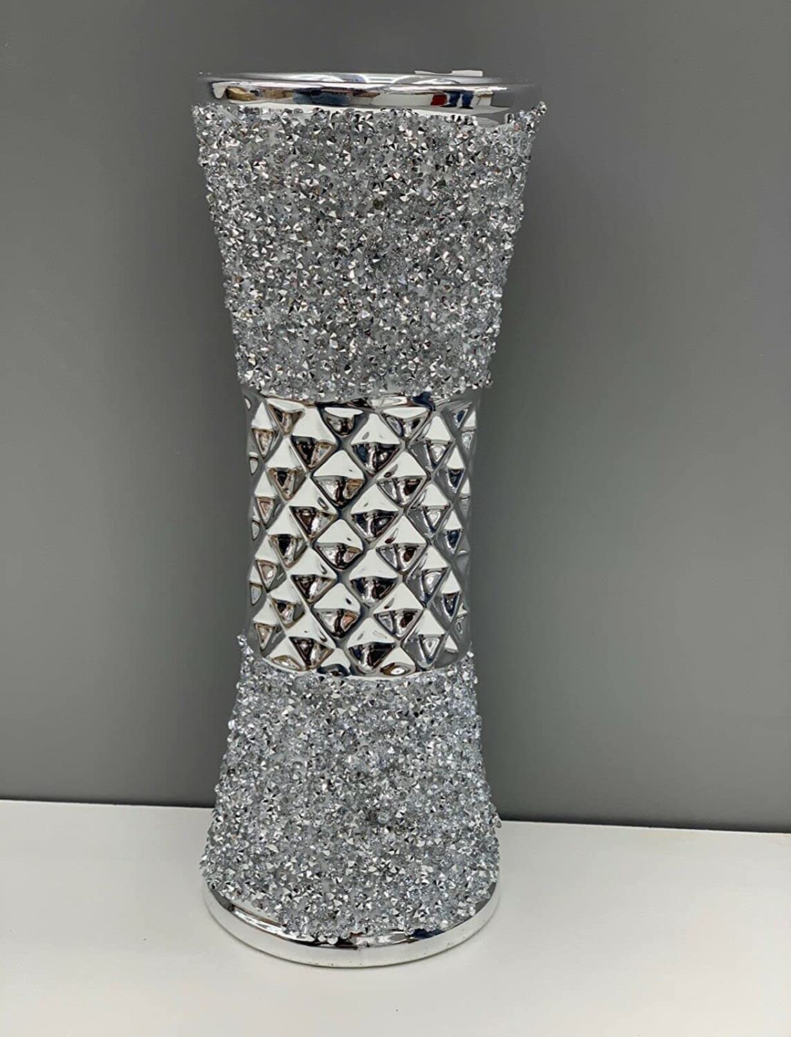 Deenz 35Cm Large Ceramic Flower Vase Design Silver Diamante Bling Sparkling Home Decoration Flower Vase