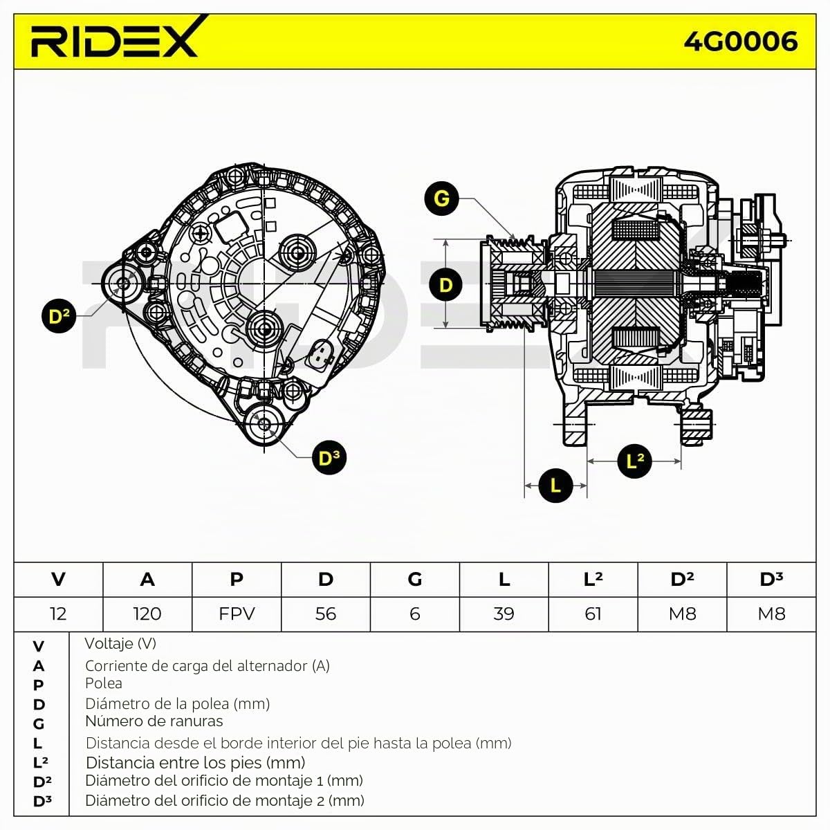 RIDEX 4G0006 Alternador con regulador incorporado Compatible con SKODA Fabia II Combi 545