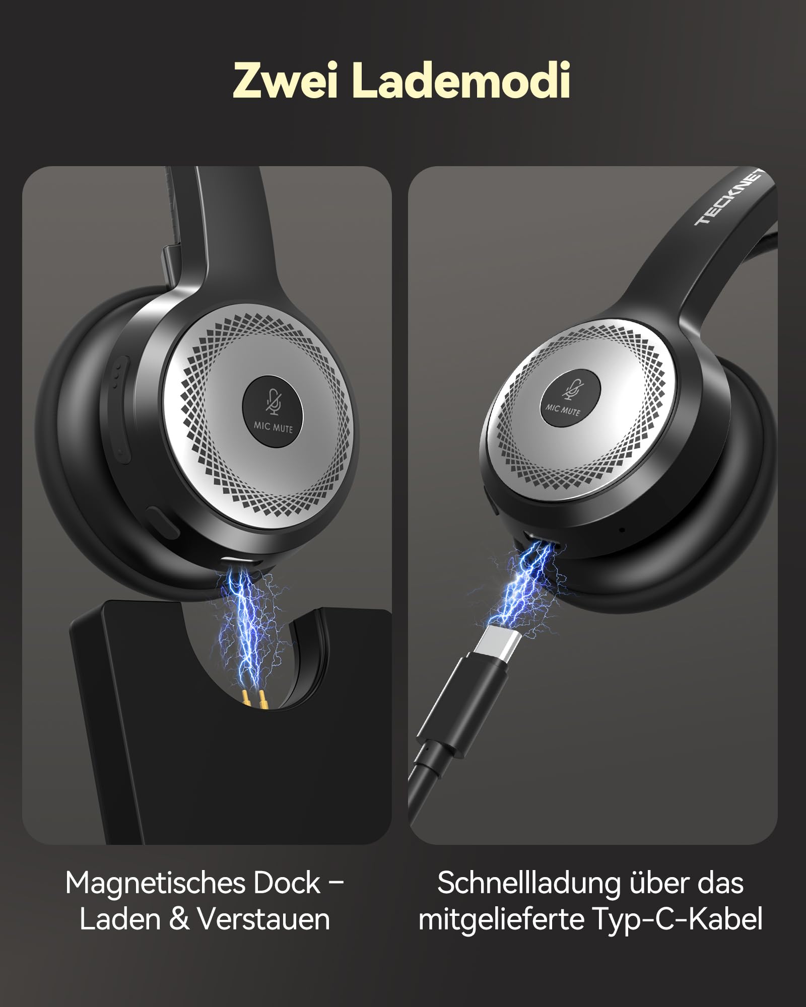 TECKNET Bluetooth PC Headset mit Mikrofon & USB Dongle [45 Std Anrufzeit & 10M Reichweite] kabelloses Headset mit Ladestation, Wireless Headset mit AI Rauschunterdrückung für Business,Büro,HomeOffice
