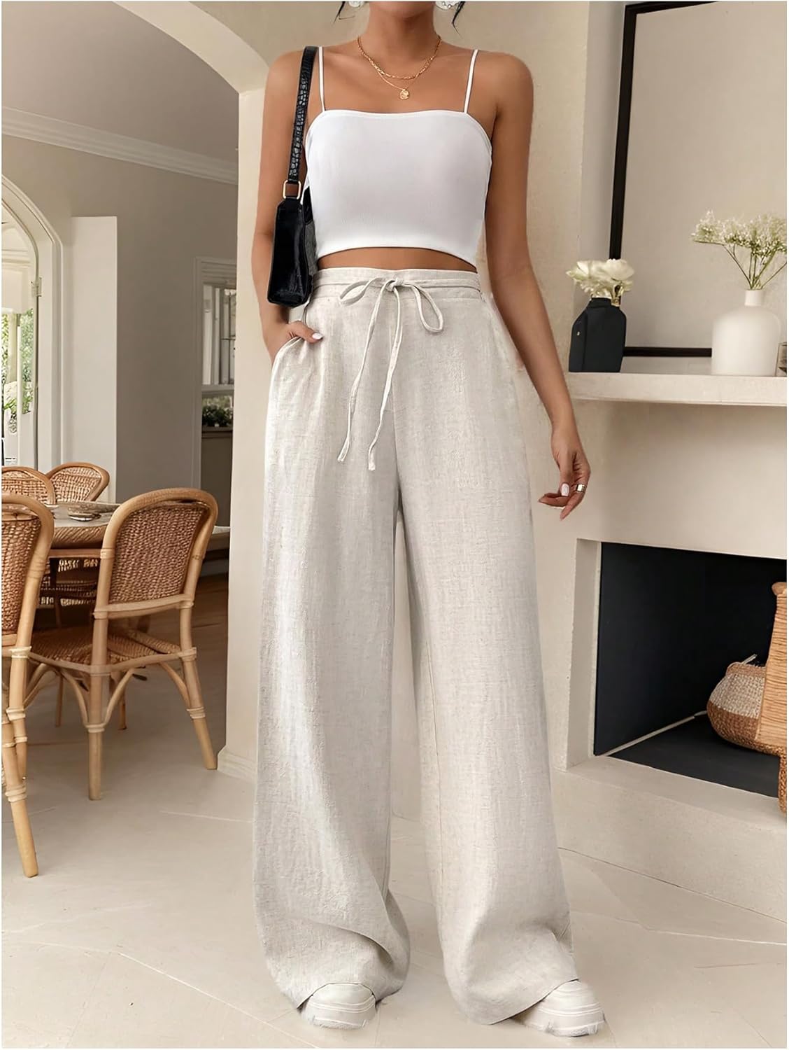 MakeMeChic Women's Wide Leg Pants Casual Elastic Waist Tie Front Baggy Fall Trousers - Image 4