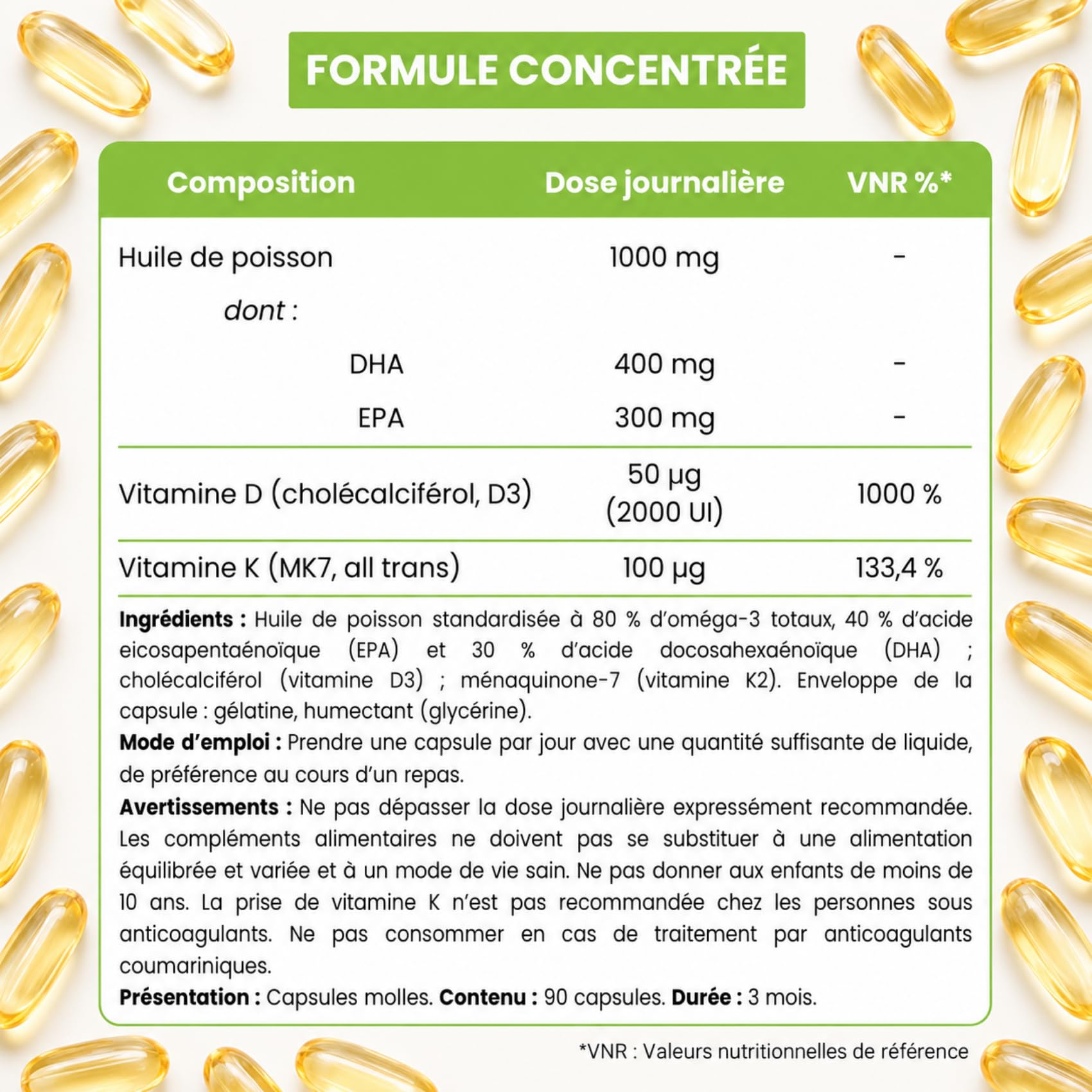 Omega 3 D3 K2 - Huile de Poisson 1000 mg - 80% d’Oméga 3 en triglycérides TG (EPA 400 mg + DHA 300 mg) + Vitamine D3 2000 UI et K2 MK-7 All-Trans 100 mcg - 90 capsules molles - 3 mois | Nutribiolite