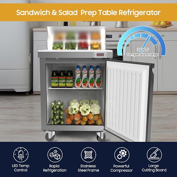 29 Commercial Refrigerator Sandwich&Salad Prep Table Fridge with 8 Pans 1 Door Stainless Steel Counter Fan Cooling Refrigerators