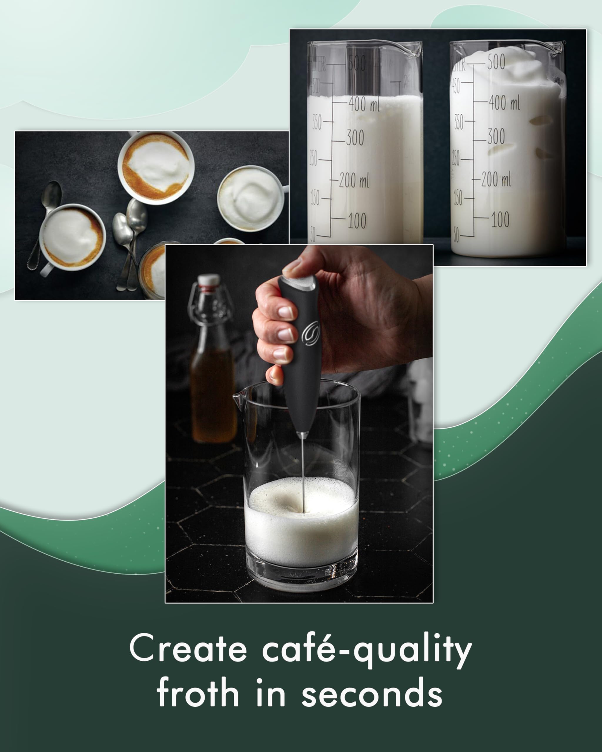 Espumador de leche, espumador de café, batidora de mano con 2 batidores, agitadores eléctricos, espumador de leche eléctrico para mezclador de café, varita espumadora de leche, color negro 3