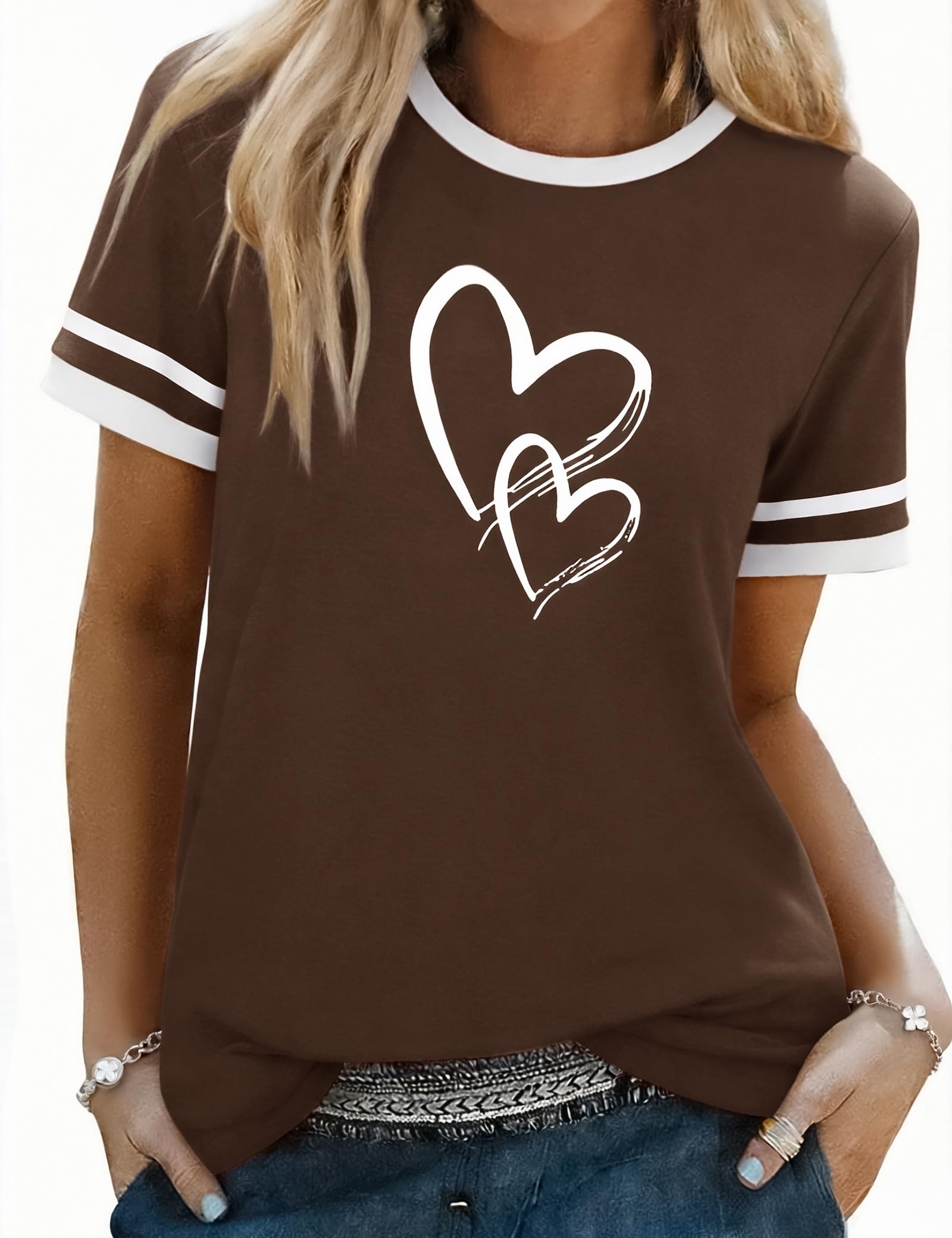 Aottori T-Shirt Damen Baumwolle Rundhals Kurzarm Oberteil Sommer Basic mit Herzen Print Tee Shirts Frauen Stretch Oversize Top Casual