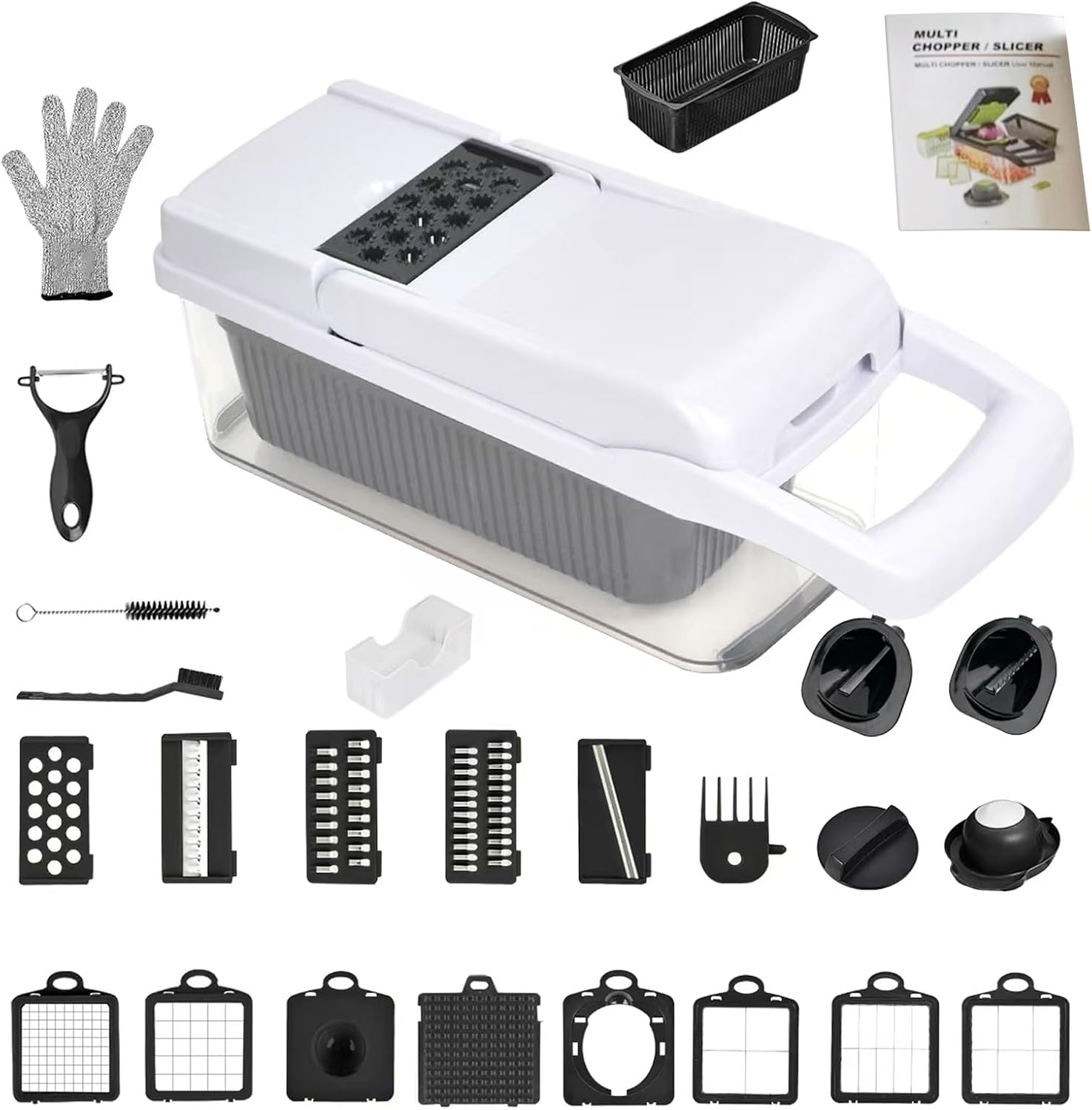 Vegetable Chopper with Container and Lid, 26 In 1 Multifunctional Manual Kitchen Dicer, Black and White - Easy Meal Prep, Safe Hand Protection, Convenient Storage