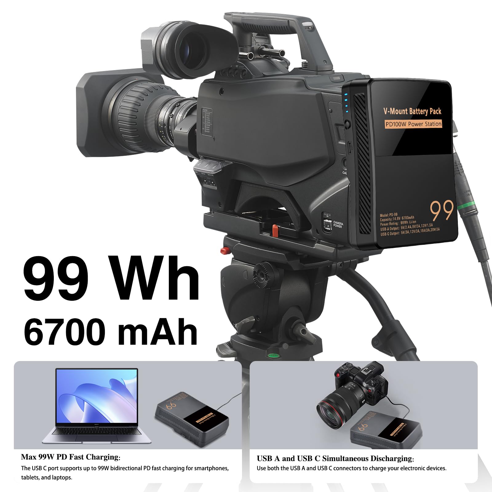 V Mount/V-Lock Akku 99Wh 6700mAh Mini V-Mount Batterie mit PD 100W USB-C Schnellladekabel und PD 65W Stecker für Camcorder, Kamera, Feldmonitor, Videolicht