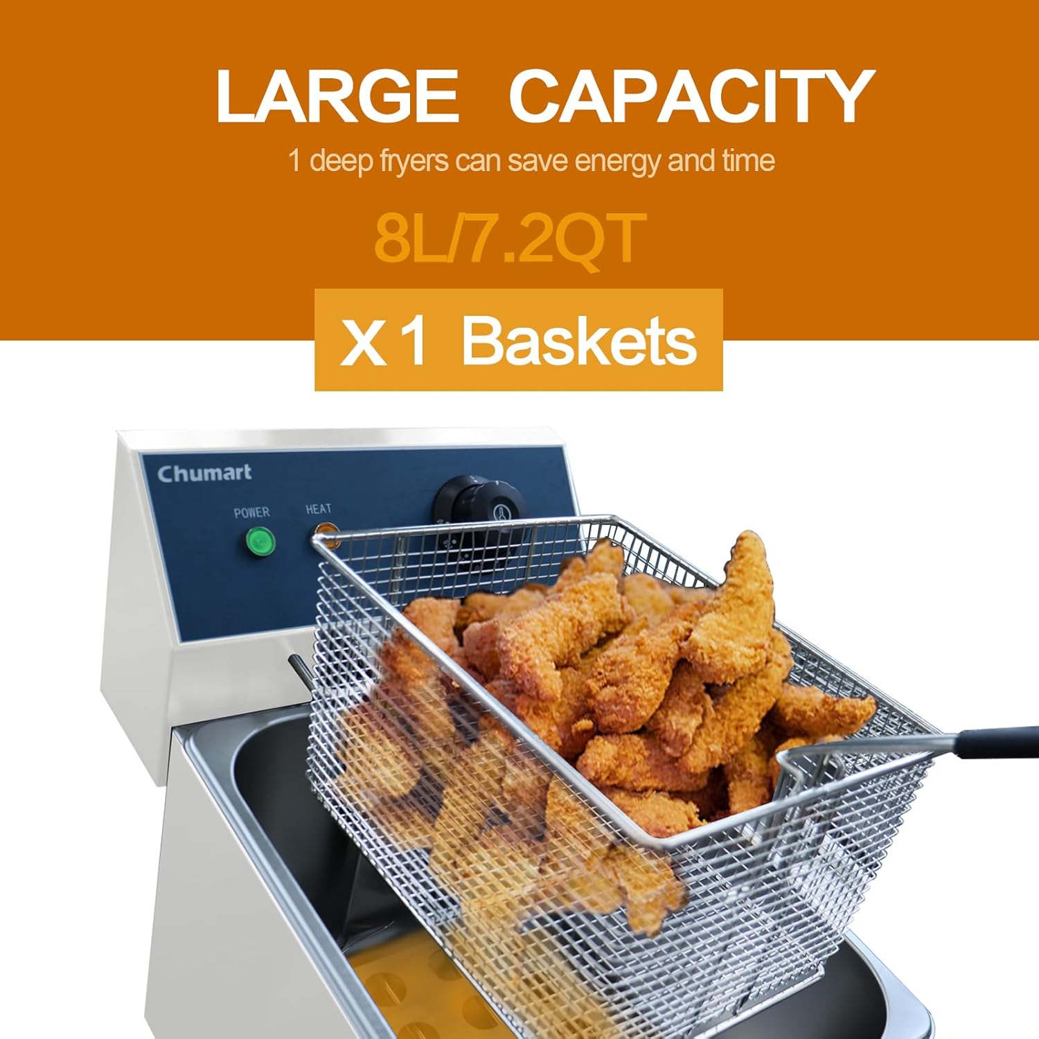 Electric Deep Fryer 8L/8.4QT 1650W Commercial Countertop Fryer with Basket & Lid Stainless Steel Single Tank Oil Fryers with Temperature Control for Home Kitchen and Restaurant Snack Stand