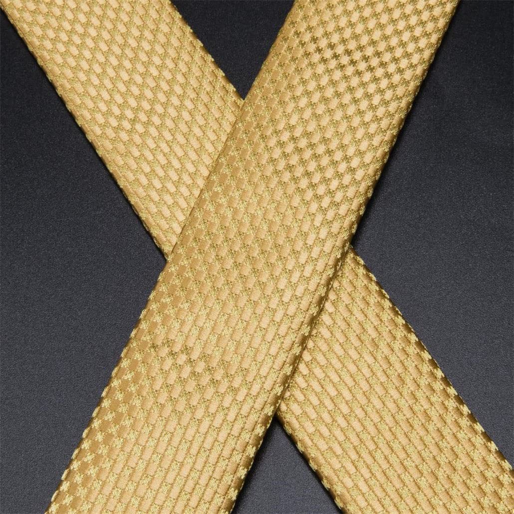 keusyoi Herren-Hosenträger-Set aus Seide, goldfarben, Jacquard, 6 Clips, Hosenträger für Herren, Fliege, Einstecktuch, Manschettenknöpfe, schwarzes Leder