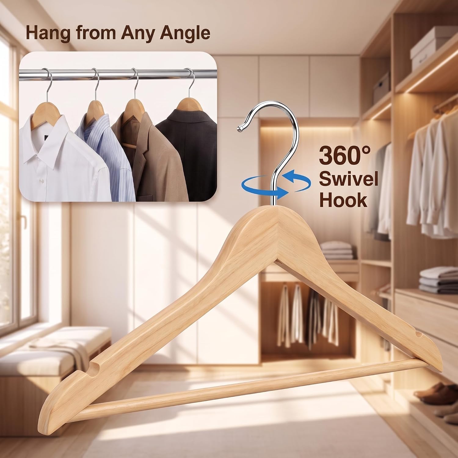 Wood Hangers 30 Pack - Sturdy Wooden Clothes Hanger Heavy Duty Coat Hangers Non-Slip Smooth Finish Slim Thin Clothing Hangers Curved Bulk for Closet, Suits, Pants, Shirts, Premium Natrual Wood