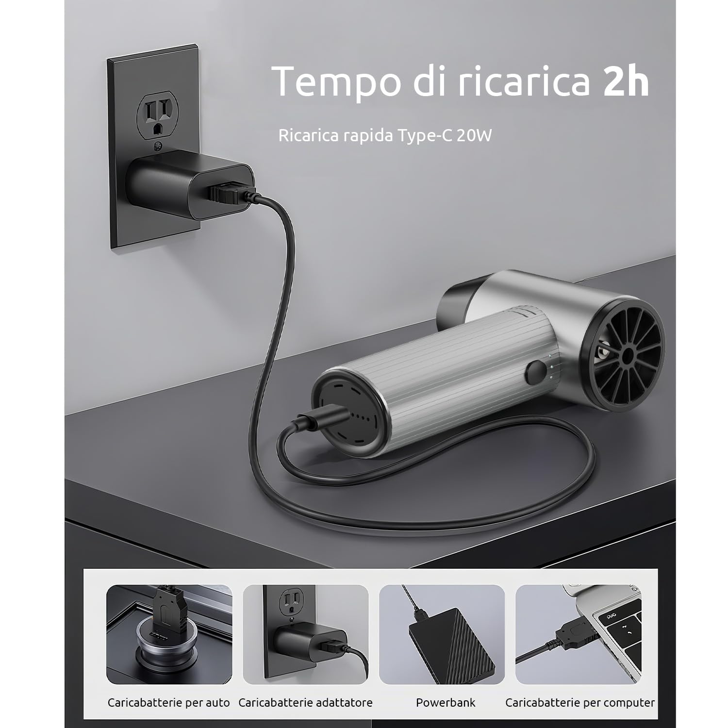Soffiatore Aria Compressa in Metallo 270000 TR/min Spruzzo Aria Compressa con 3 Velocità regolabili, aria compressa Pulizia pc, soffiatore Batteria per Auto, Casa ed Esterno - Argento