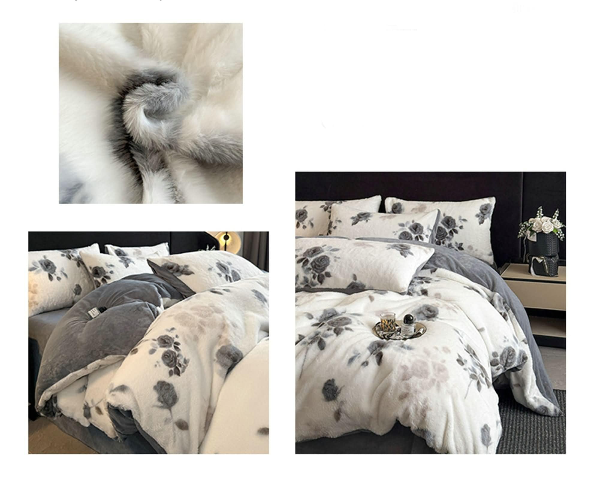 4-częściowy komplet pościeli, poszwa na kołdrę 200 x 230 cm, prześcieradło z gumką 180 x 200 cm i 2 poszewki na poduszki, wzór kwiatowy, miękki aksamit, szary