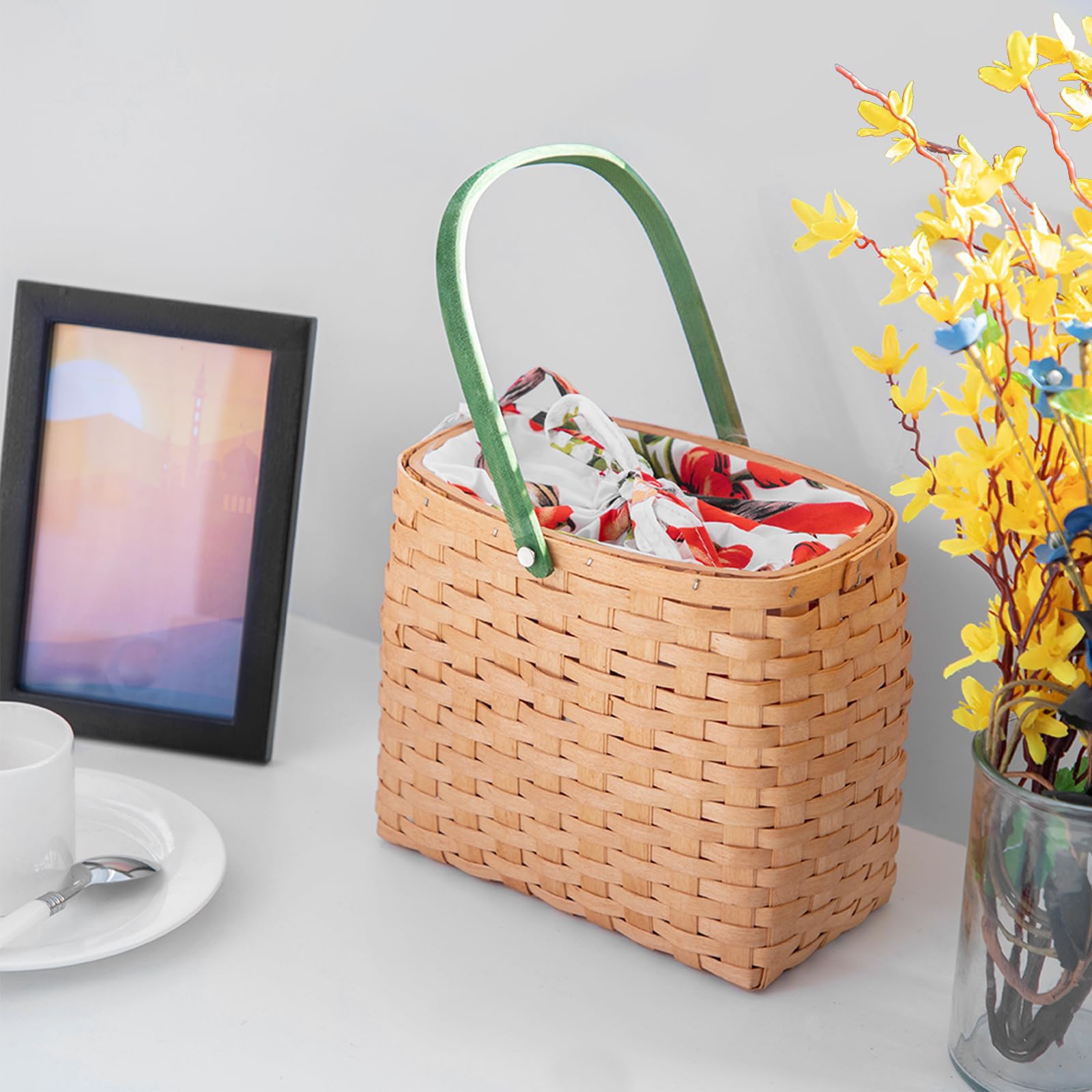 Cesta de regalo de madera, cesta tejida con forro y asa extraíble para acampar al aire libre, Pascua, Acción de Gracias, cumpleaños