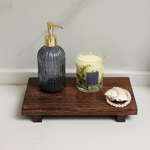 Miniatura 6 de HOMGDN Bandeja de madera con pedestal, decoración de baño de granja, bandeja decorativa con pies de madera, elevadores de cocina de madera, soporte