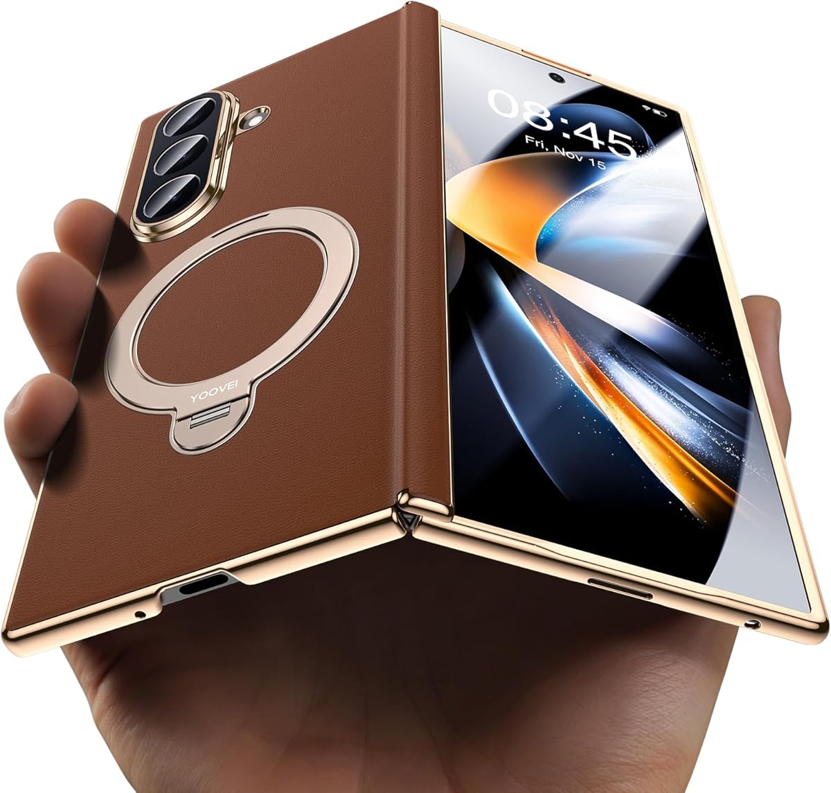 for Galaxy Z Fold 7 Case Luxury Leather with Screen Protector [Hinge Protection],Fit for Magsafe,Magnetic Kickstand & Ring Holder for Samsung Zfold 7 Case Brown