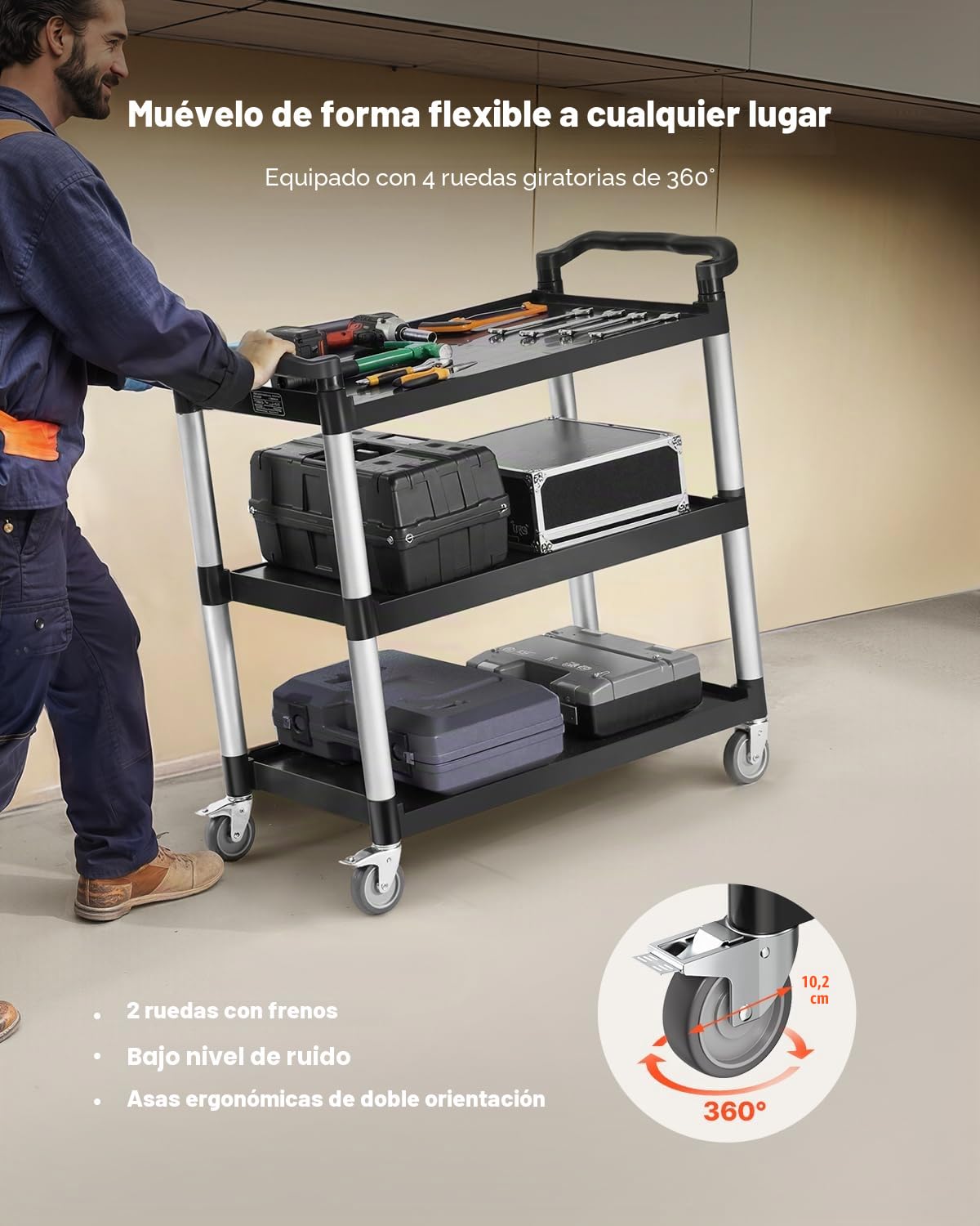 VEVOR Carrito Multiusos, Carga de 150 kg, Carrito Multiusos de Plástico 1060 x 490 x 980 mm de 3 Niveles con Ruedas Giratorias de 360° (2 con Frenos), para Almacén, Restaurante, Cocina, Negro