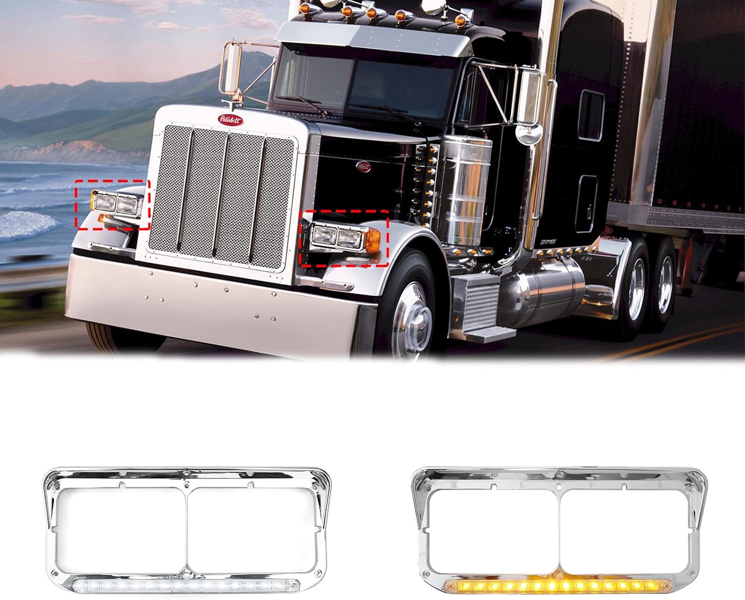 2 Pcs 4x6 Inch Headlights Bezel with 12" Amber LED Light