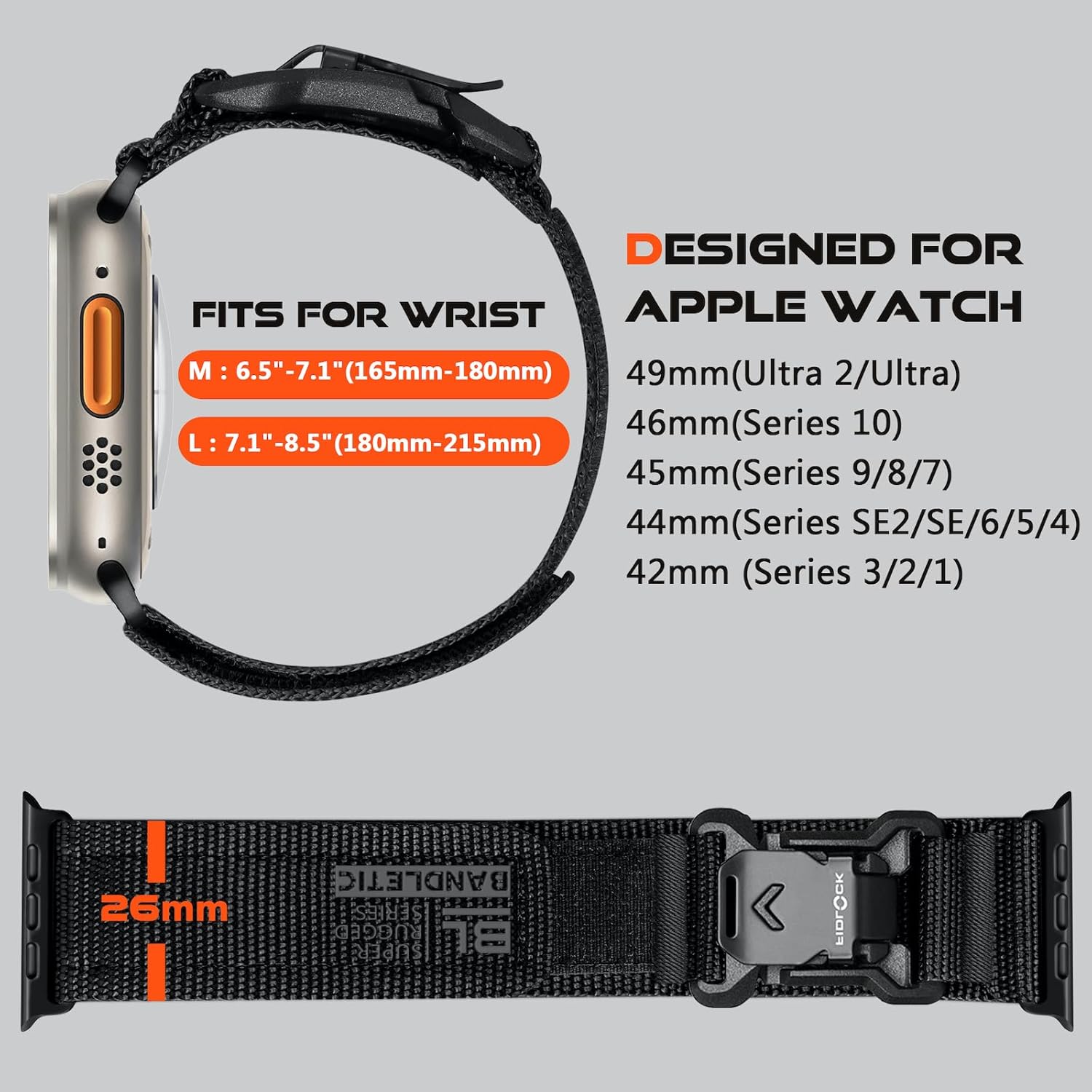 Bandletic Fidlock R-Nylon Magnetic Band + R-Steel FKM Band Compatible with Apple Watch Ultra 2/Ultra Band 49mm/46mm/45mm/44mm/42mm(3/2/1)