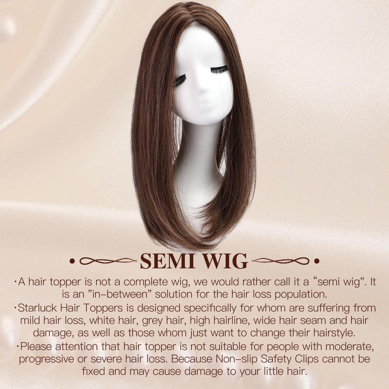 Starluck 18 Inch Chestnut Brown & Honey Blonde Hair Toppers for Women - Synthetic Hair Pieces with Swiss Base and 3 Clips