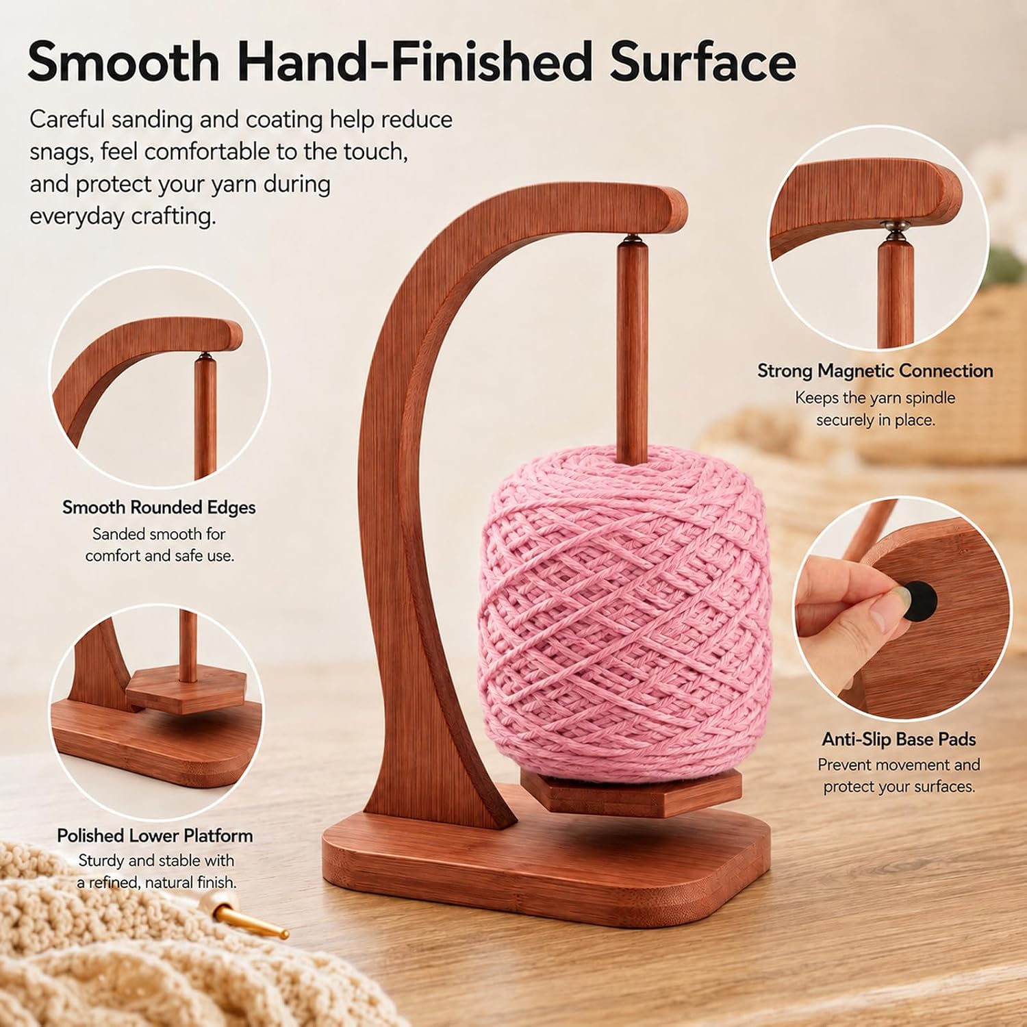 Brown Wooden Yarn Holder for Knitting and Crocheting, Hexagon Magnetic Rotating Single Spindle Yarn Holder, Crochet Gift Accessory for Knitters, Mom and Grandma image 3