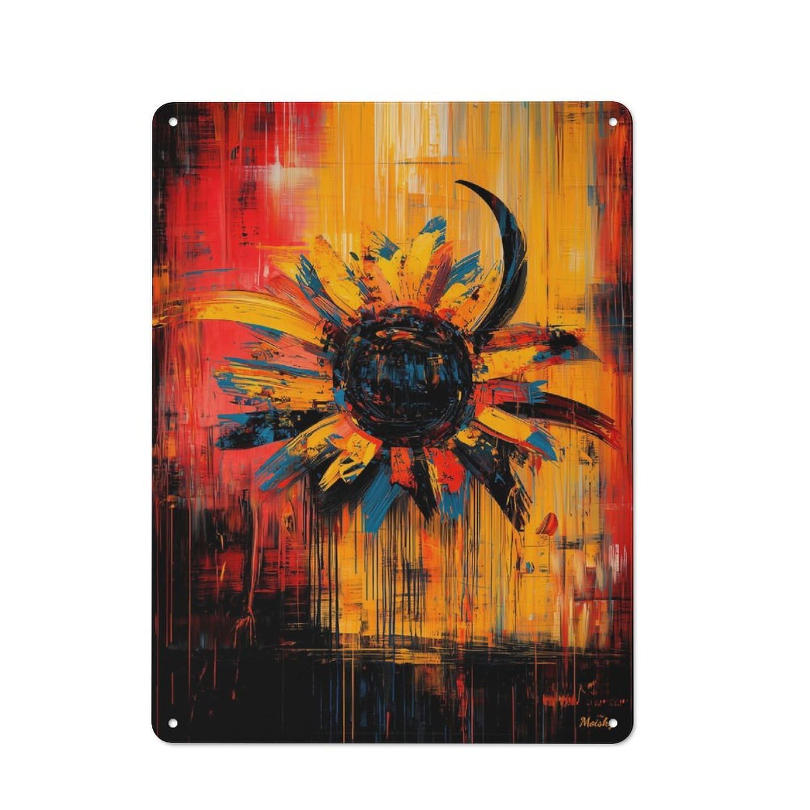 Metal Wall Sign 40x30cm Featuring Radiant Bloom Contemporary Expressionist Sunflower Artwork for Garage Or Workshop, Suited to Workshop Owners