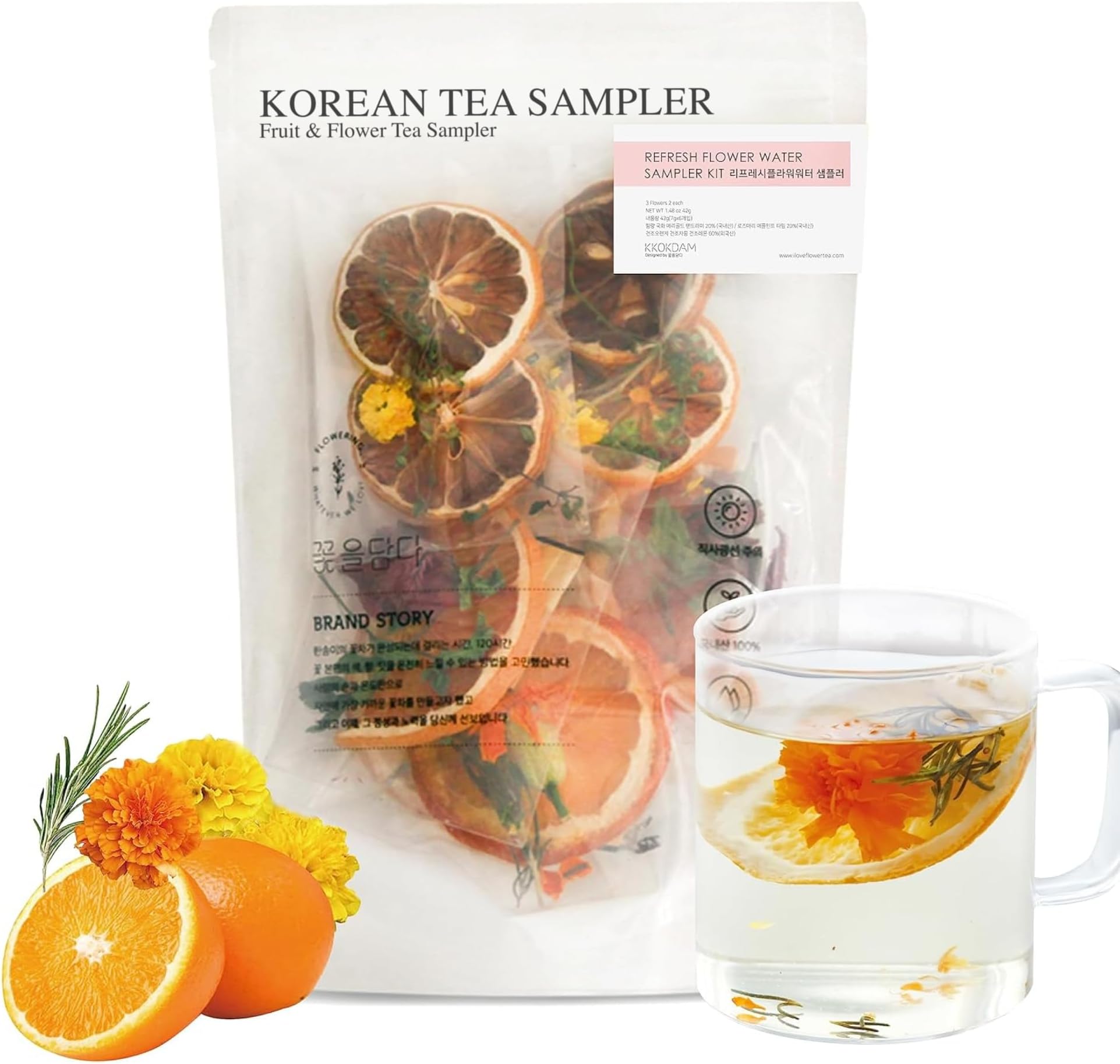 KKOKDAM Fruit & Flower Loose Leaf Tea Sampler - Refresh Flower Water Sampler - Fancy Korean Tea Gift - Premium Loose Leaf Tea Sampler for Men & Women - 3 Flavors, 2 each - 6 Count
