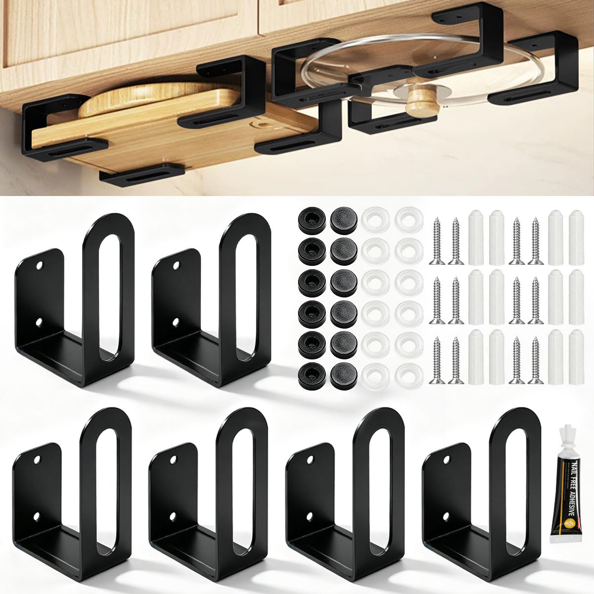 Set da 6 Porta Tagliere sotto Mobile, Supporto Tagliere Metallo Nero Salvaspazio, Multifunzionale Staffe per Utensili da Cucina, Kit Completo con Adesivo Autoadesivo e Viti