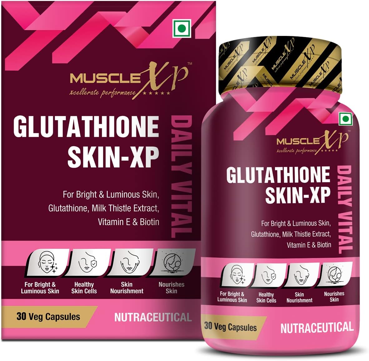 MuscleXP Glutathione Skin-XP Daily Vital, For Bright & Luminous Skin, Glutathione, Milk Thistle Extract, Vitamin E & Biotin, 30 Veg Capsules