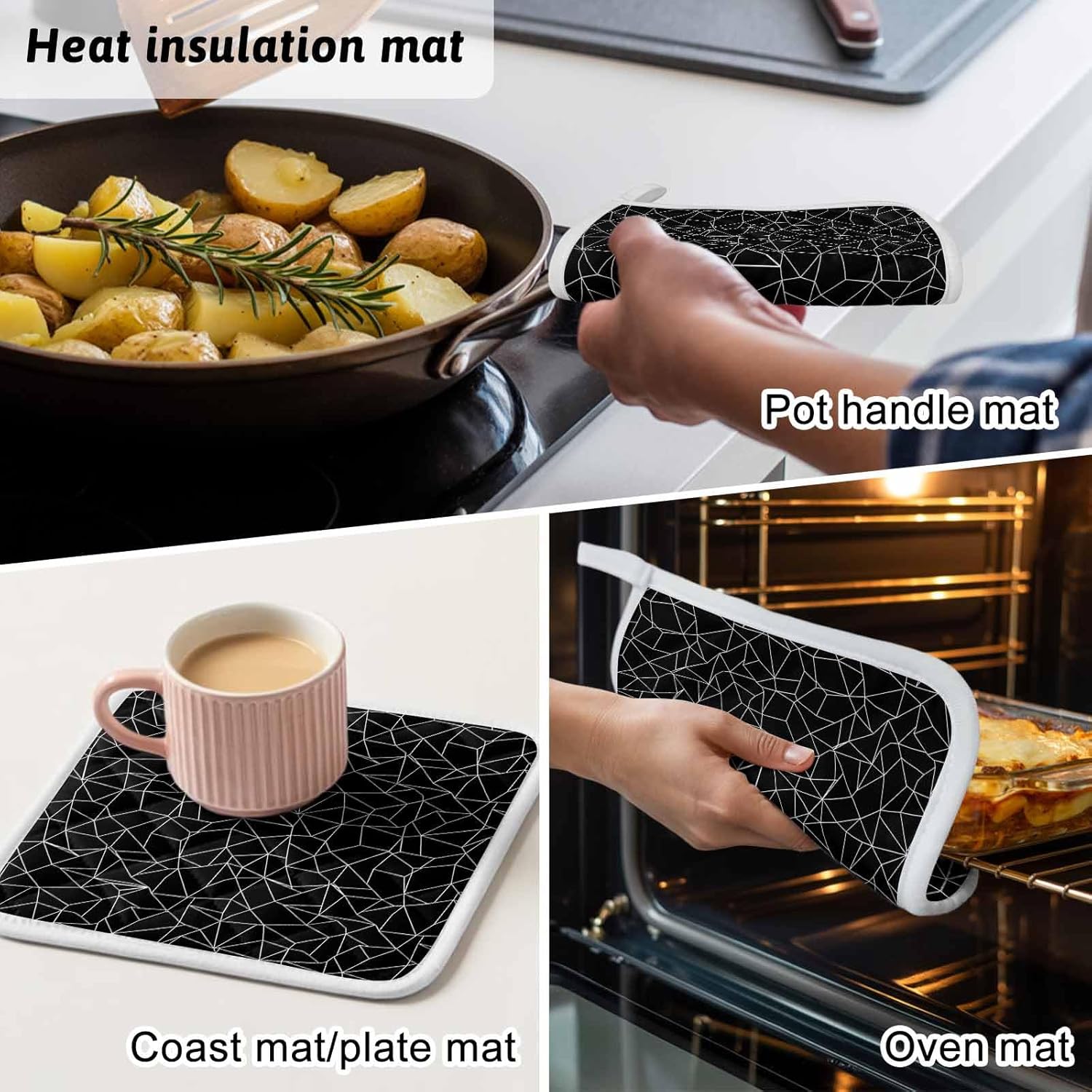 Black Geometric Stripes Pot Holders for Kitchen Heatproof Potholder, 5 Pack Modern Minimalism Abstract Lines Hot Pads Multipurpose Oven Pads Cloth Potholders Trivet for Cooking Baking