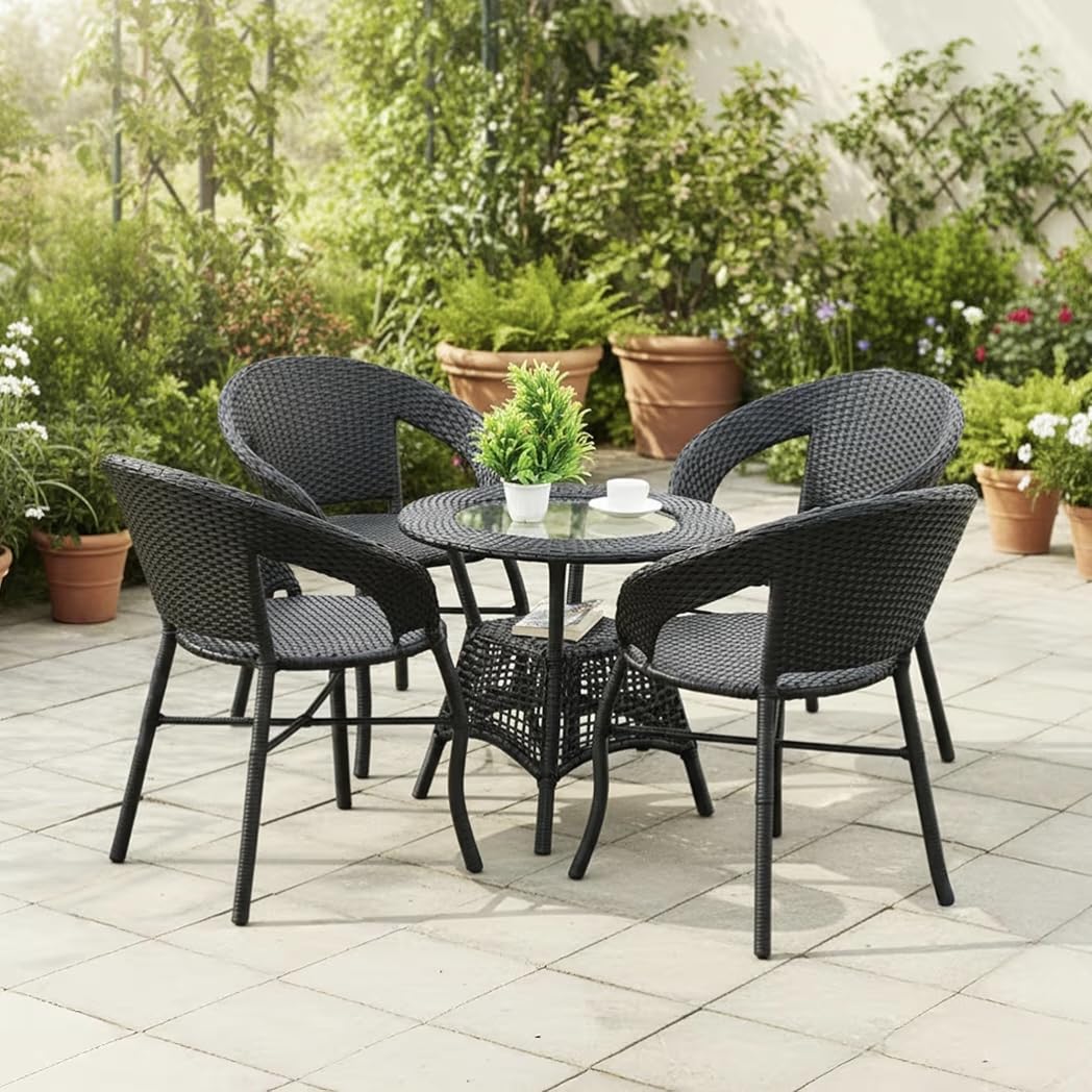 5-Piece Outdoor Rattan Wicker Patio Bistro Set for Garden, Backyard, Balcony, Porch, Poolside Furniture with Silver Grey All-Weather Wicker and Glass Top Table (Black)-image-16