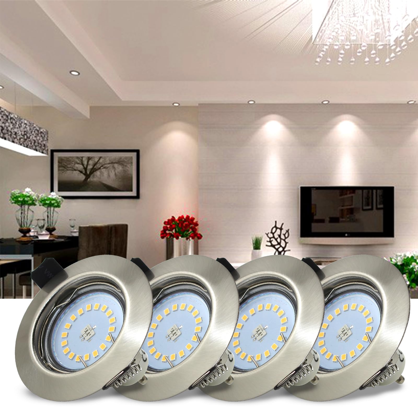 HiBay 4er Set LED Spot Einbaustrahler 230V GU10 5W 68mm Einbauspots Rund Einbauleuchten Edelstahl gebürstet Neutralweiß für Wohnzimmer Schlafzimmer Küche
