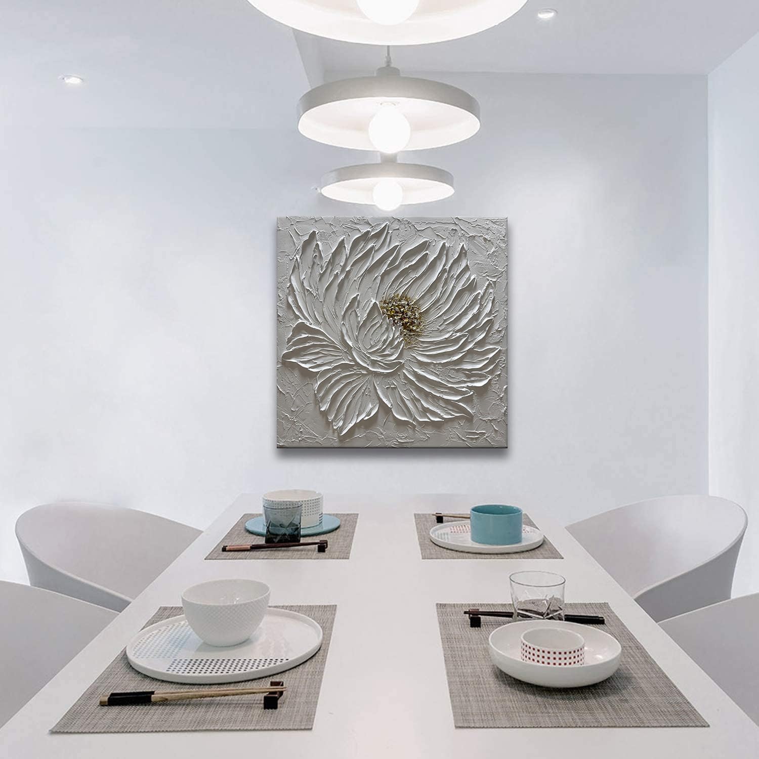 Slyart Handmade White 3D Floral Canvas Wall Art 24x24 Inches Abstract Flower Paintings Modern Contemporary Texture Wall Art White Artwork for Home Decorations image 5