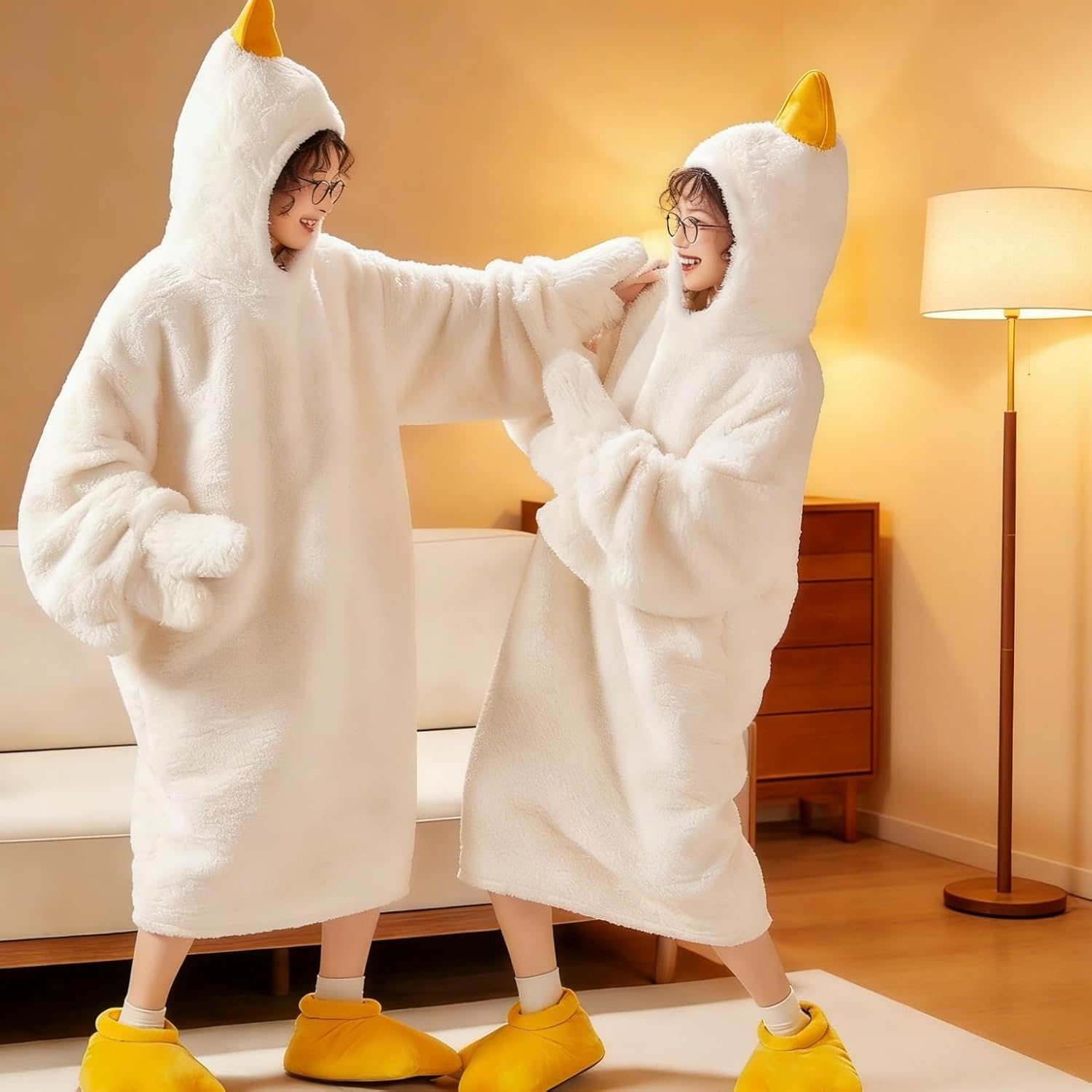 Goose Blanket Hoodie Onesie, Fleece Oversized Wearable Blanket Hoodie with Sleeves and Goose Feet Slippers - Image 3