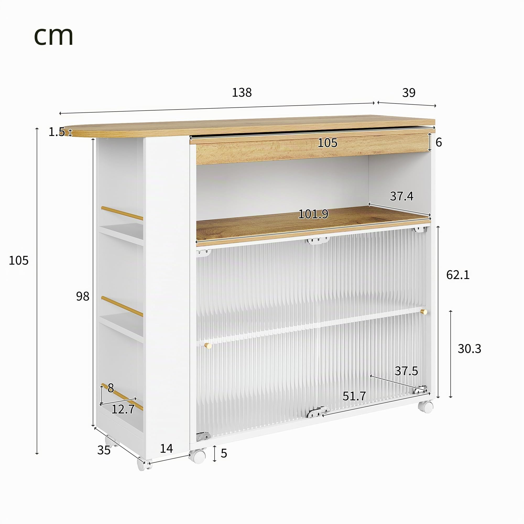 Tavolo da Bar Moderno e Mobile Con Spazio di Archiviazione, Telescopico Con LED, Bistrot da Cucina, Grande Capacità, 138-204 x 39 x 105 cm