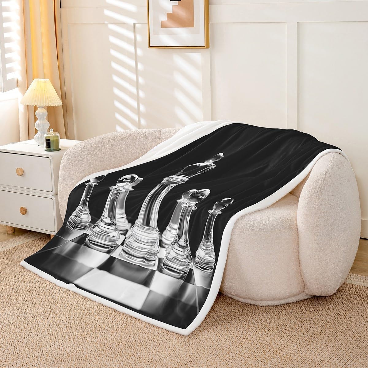 Erosebridal International Chess Throw Blanket for Boys Teens Men,Board Game Sherpa Blanket Queen 90"X90",Geometric Checkerboard Plush Bed Blanket Chess Piece Fleece Flanket Breathable Decorative Room
