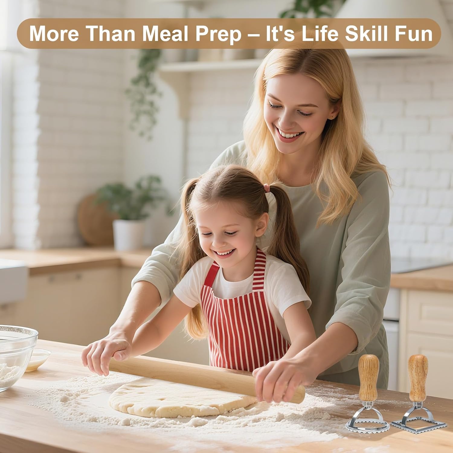 Pasta Making Tools 9 Pcs with Pasta Drying Rack, Threaded Rolling Pin, 2 Rolling Pins, Gnocchi Board, Dough Cutter, Wheel Cutter, 2 Ravioli Stamps,Pasta Making Kit Accessories for Home - Image 2