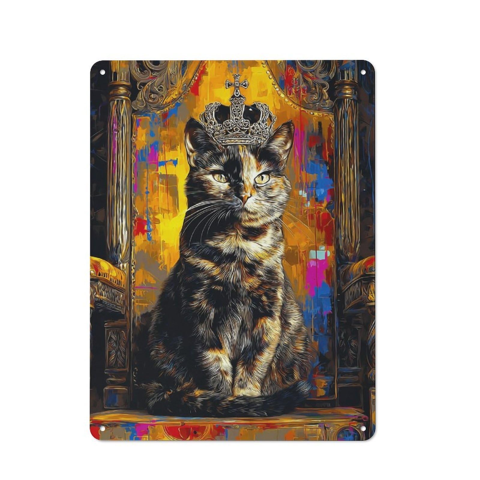 Junmoney Crowned Cat Majesty -1 Retro Metal Sign With Design 40X30cm, Weathered Look Shed Wall Plaque For Garage, Workshop, Shed Or Utility Room