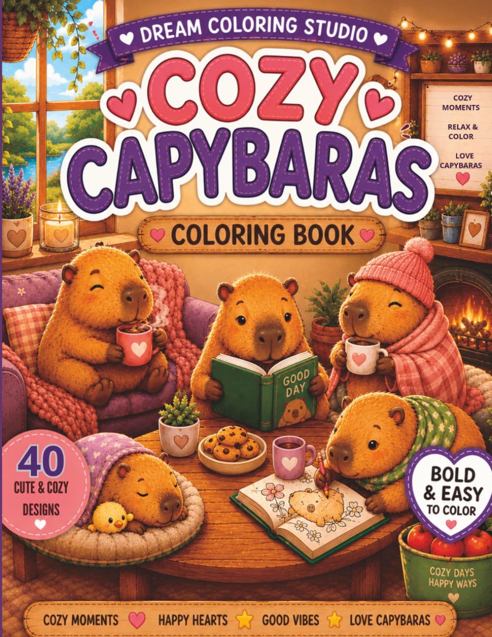 Cozy Capybaras Coloring Book: 40 Bold & Easy Coloring Pages for Relaxation, Stress Relief, and Cozy Creative Fun