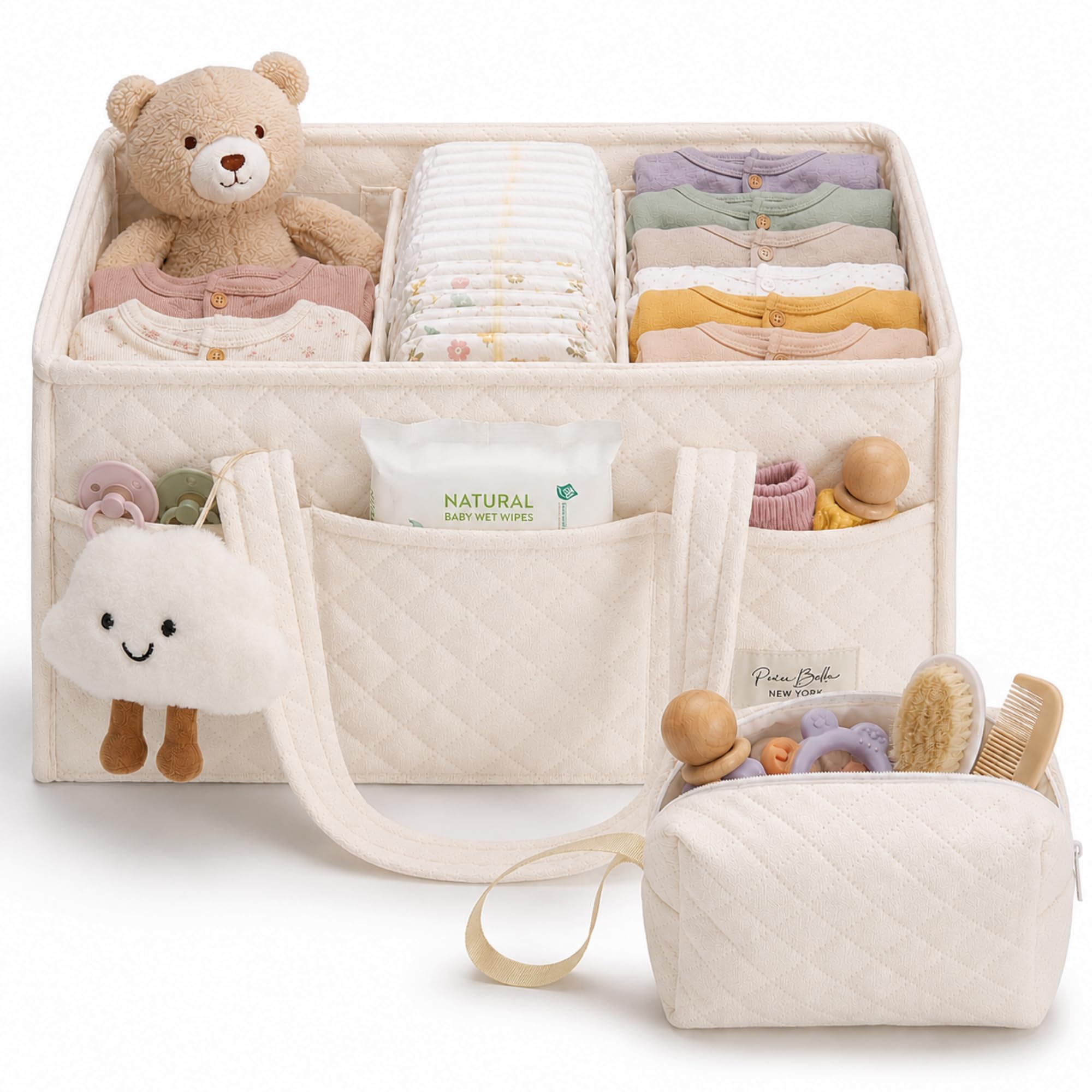 PeraBella Baby Diaper Caddy Organizer, Baby Basket Shower Gift, Portable Changing Table Basket, Postpartum Caddy & Tote Bag Pouch, Newborn Boy & Girl Nursery Essentials Registry, Car Diaper Organizer
