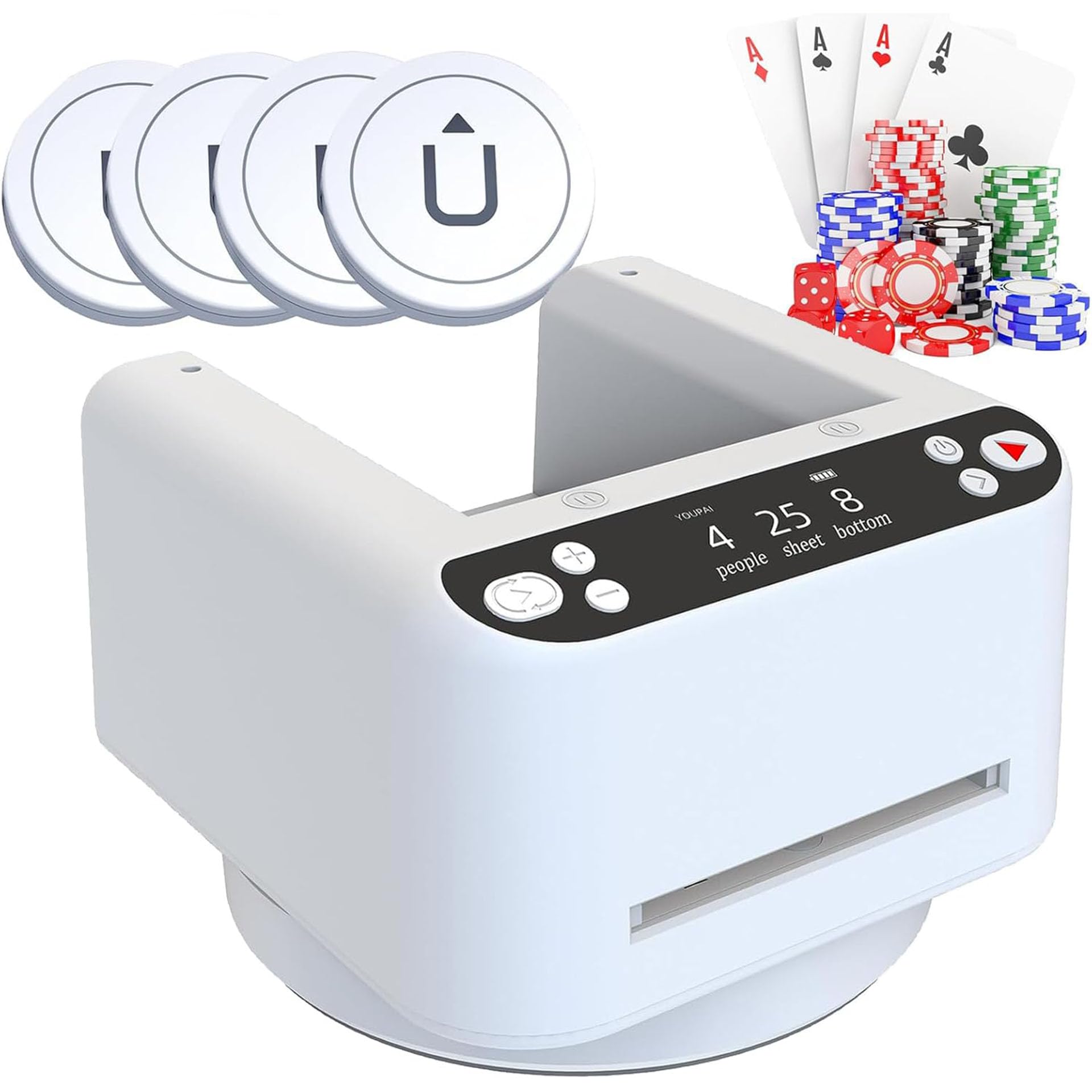 Distributeur de Cartes Entièrement Automatique, Machine à Distribuer les Cartes Rotative à 360 avec 4 Boutons Sans Fil, Batterie Rechargeable 5000MAH Intégrée, pour UNO, Blackjack, Texas Hold'em