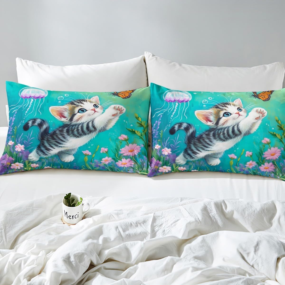 Cute Cat Butterfly Fitted Sheet Twin Size 2 Pcs,Pink Daisy Watercolor Plants Bedding Sets for Kids Teens Adults,Ocean Wildlife Dreamy Jellyfish Bed Cover with 1 Pillowcase(No Flat Sheet)