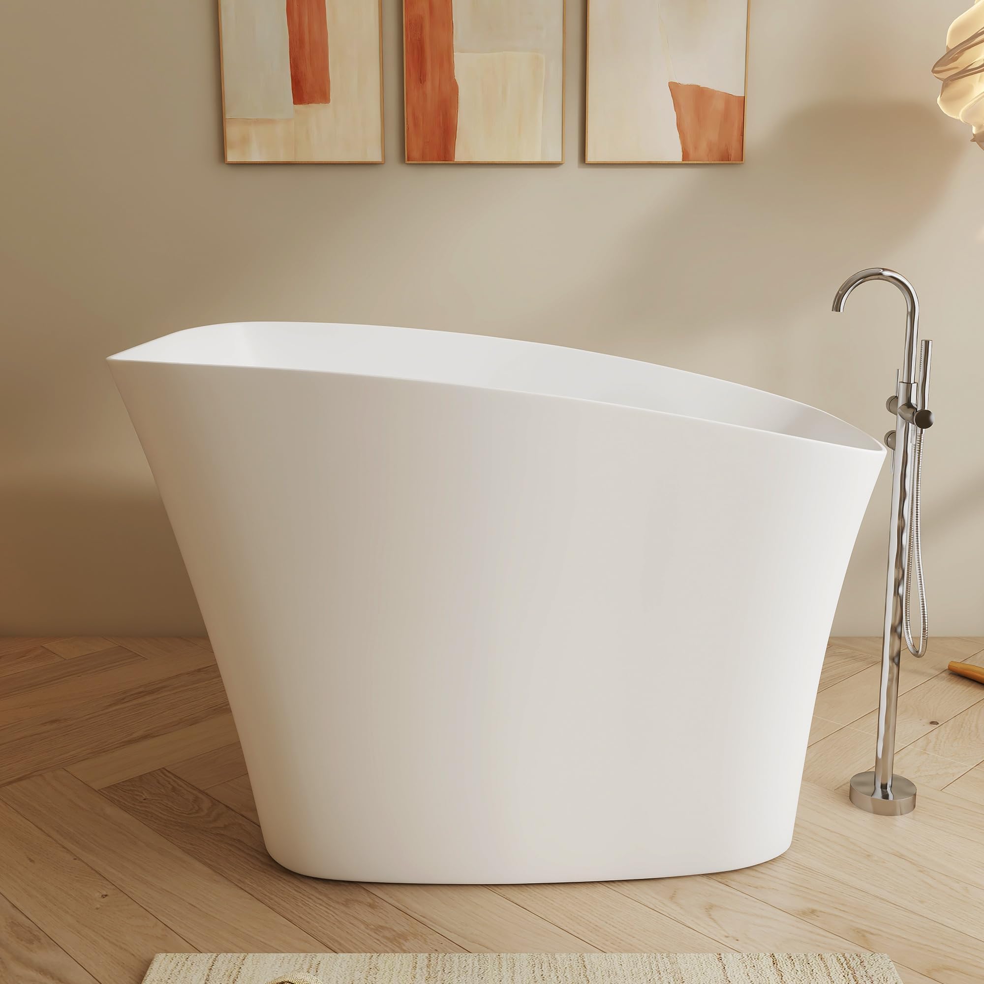 Japanese Deep Soaking Bathtub with Seat 51", Solid Surface Matte White | Resin Stone Free Standing Tub, Pop-Up Drain and Overflow, Stand Alone for Samll Space