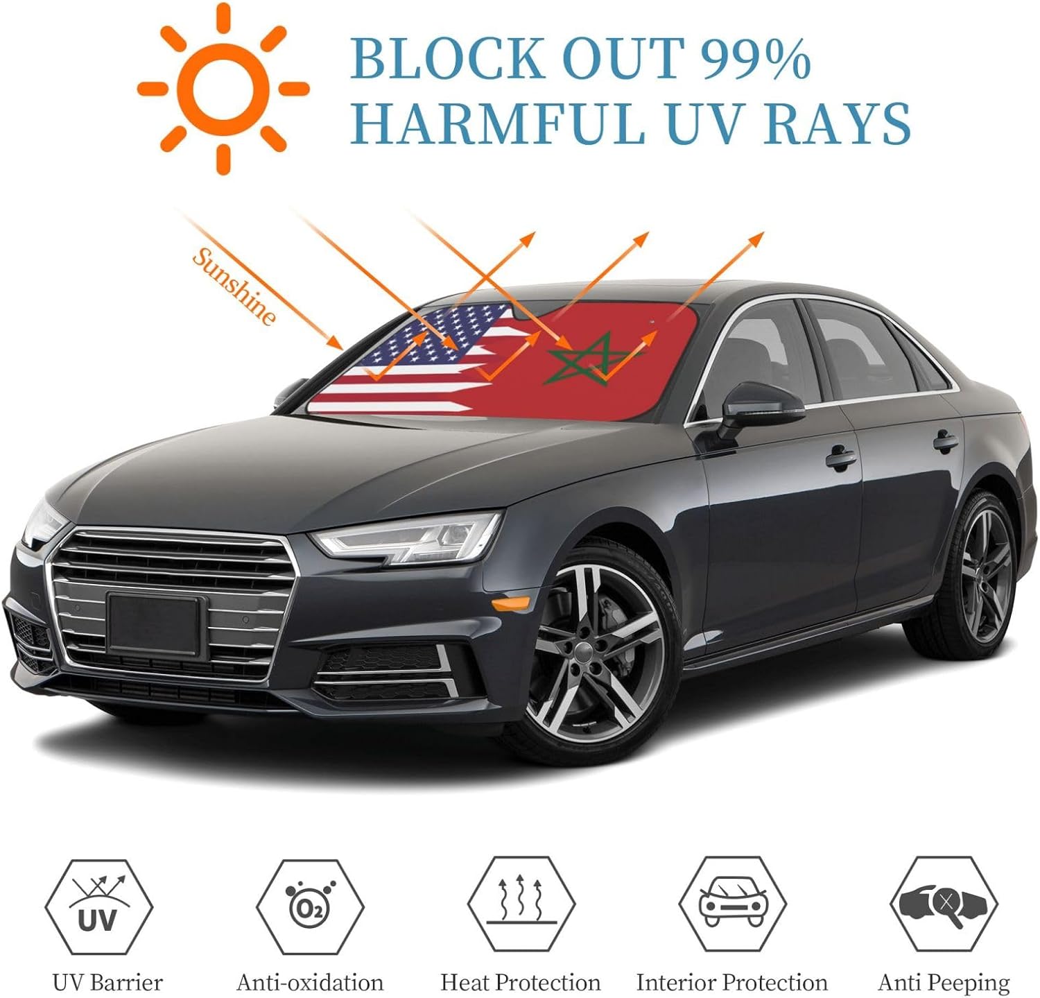 America Morocco Friendship Flag Foldable Car Windshield Sunshade Blocks Heat and Sun Glare Uv Rays