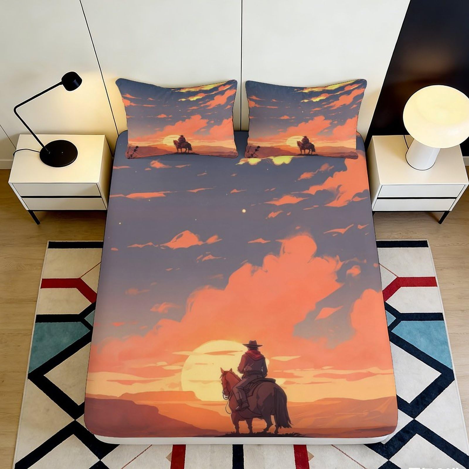3D Printed Sunset Cowboy Fitted Sheet Microfiber Soft Durable Western Horse Bed Cover for Bedroom Dormitory Guest Room Mattress Protection 200x200x25cm