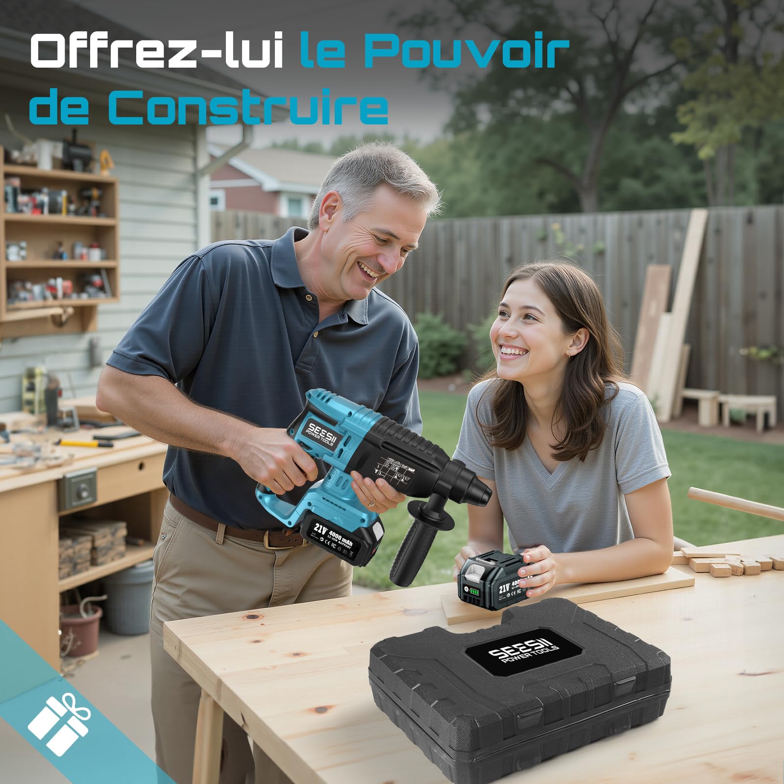 SEESII Marteau Perforateur Sans Fil: 600W, 2,5J D'Énergie D'Impact, Brushless, 3 Fonctions, SDS-PLUS, 2x 4,0Ah Batteries, Chargeur, Forets, Burins, Idéal Pour Le Bricolage Et Les Rénovations