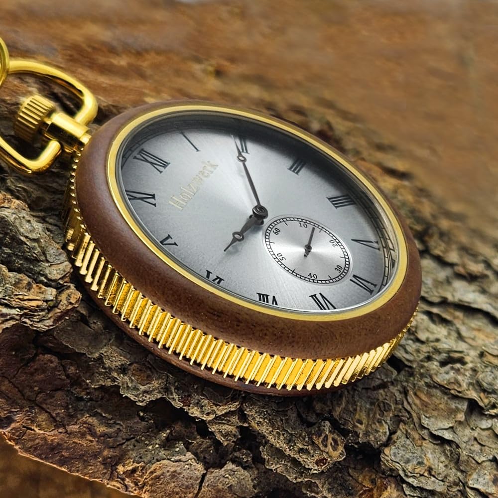 Holzwerk Germany 2 in 1 Handgefertigte Taschenuhr Tischuhr Standuhr Öko Natur Holz Taschen Uhr mit Kette Braun Gold Silber Römische Ziffern